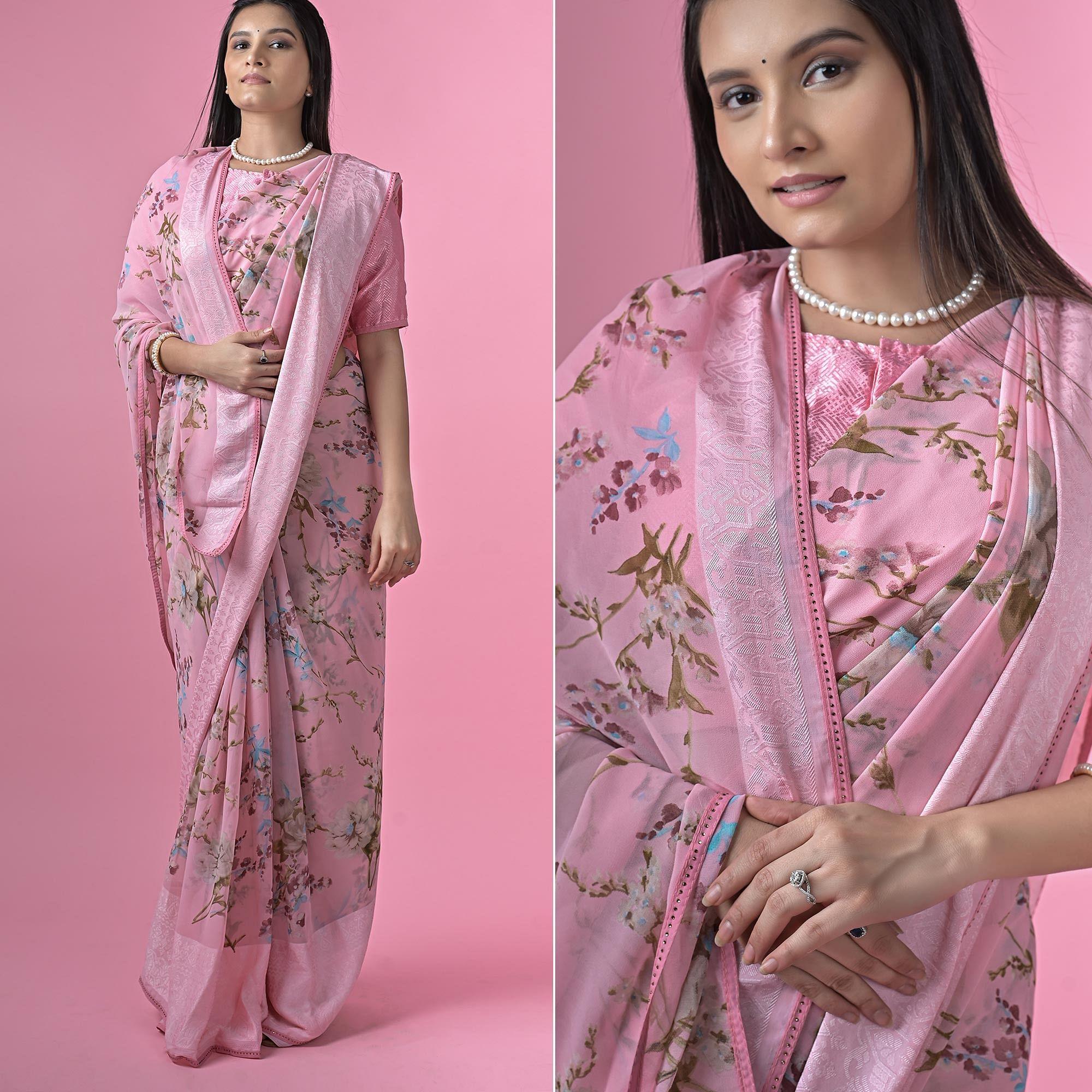 Pink Floral Printed Georgette Saree - Peachmode