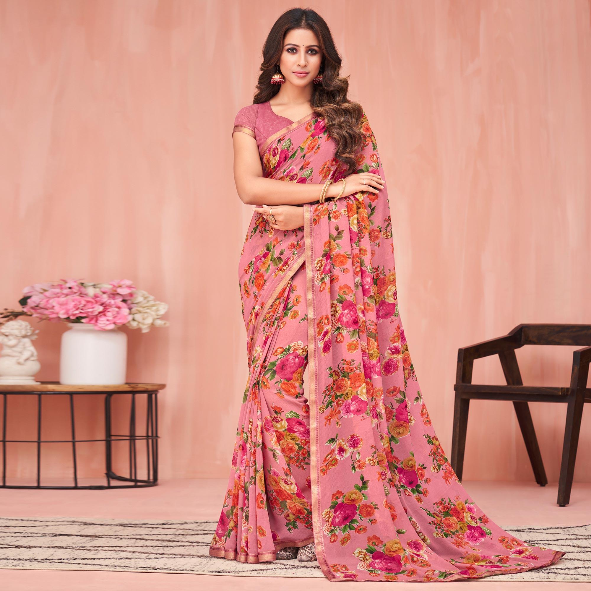 Pink Floral Printed Georgette Saree - Peachmode