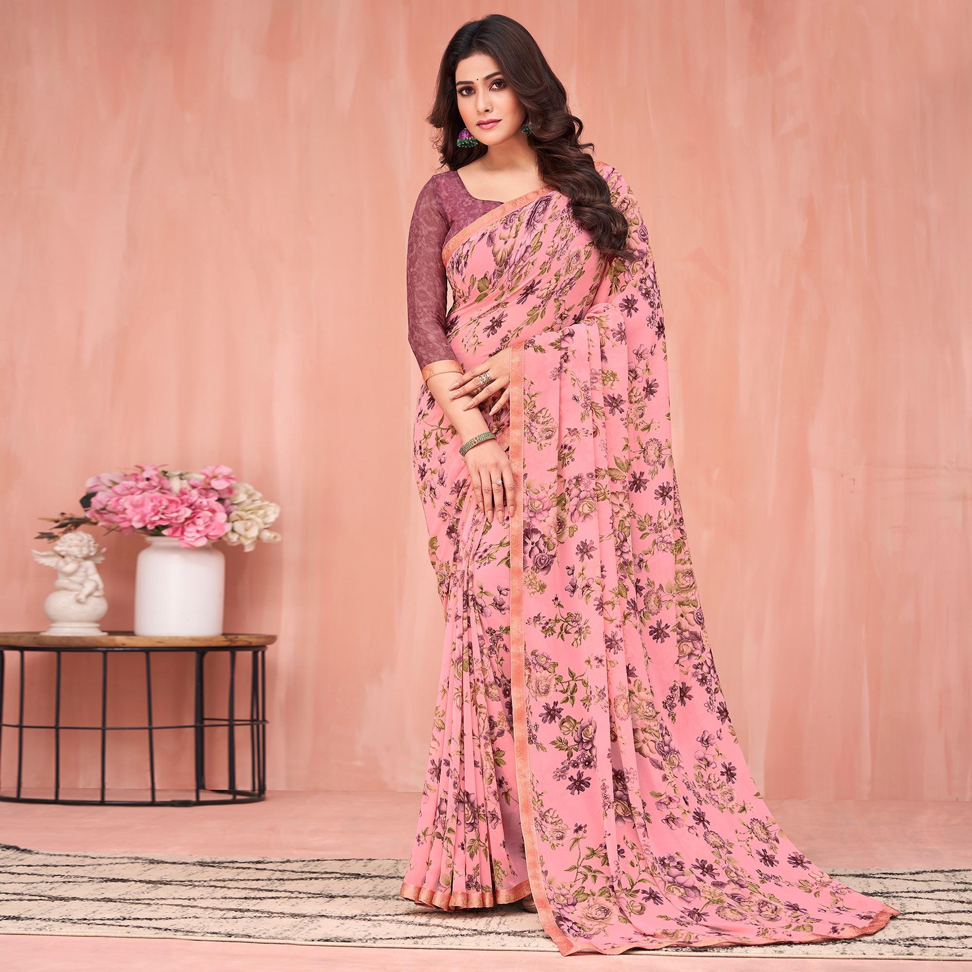 Pink Floral Printed Georgette Saree - Peachmode