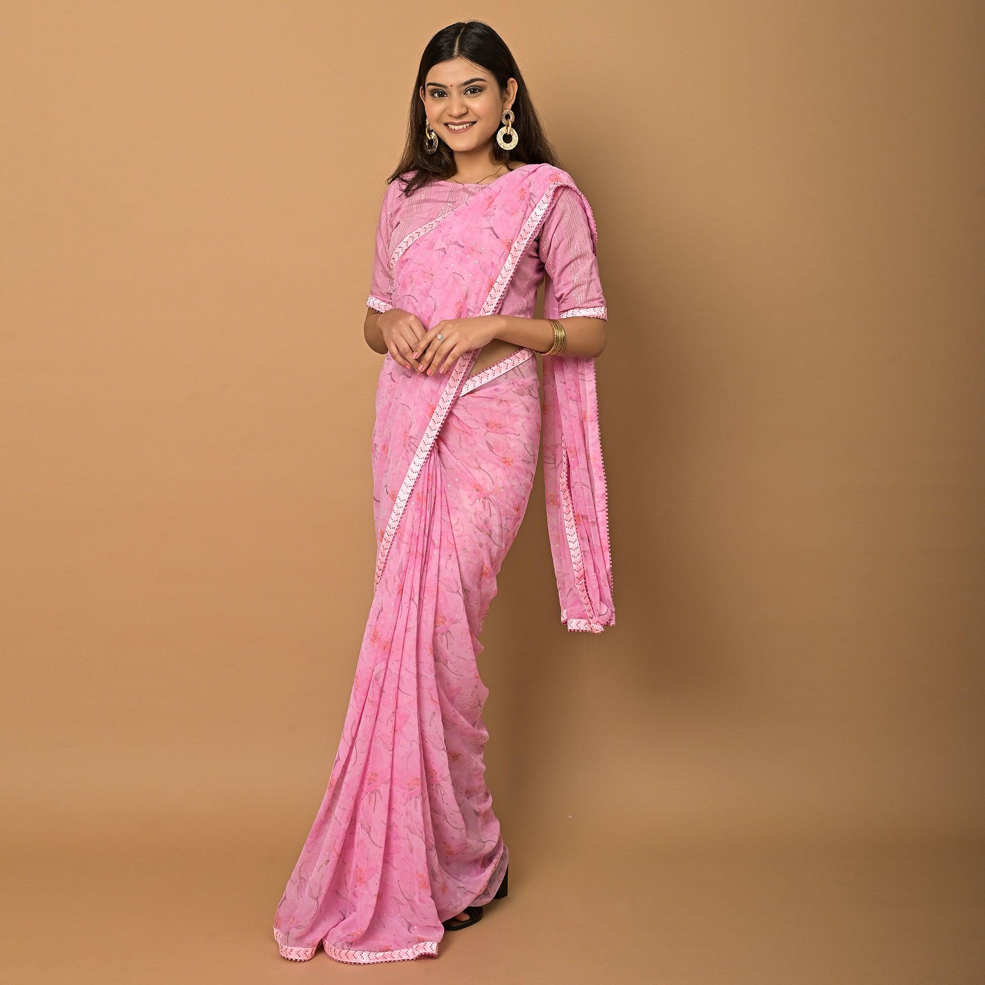 Pink Floral Printed Georgette Saree - Peachmode