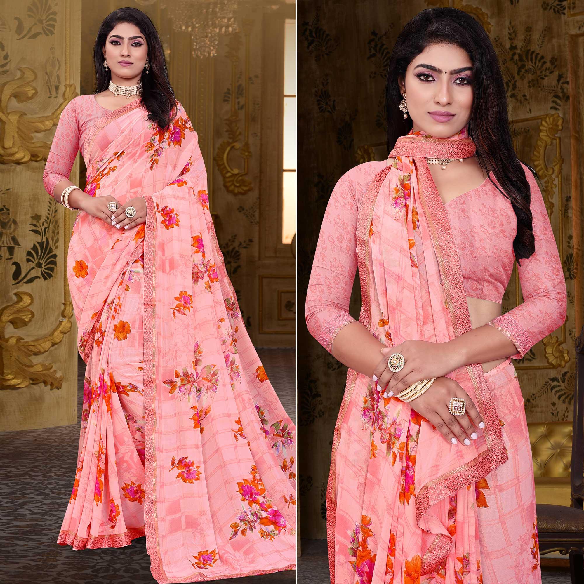 Pink Floral Printed Georgette Saree - Peachmode