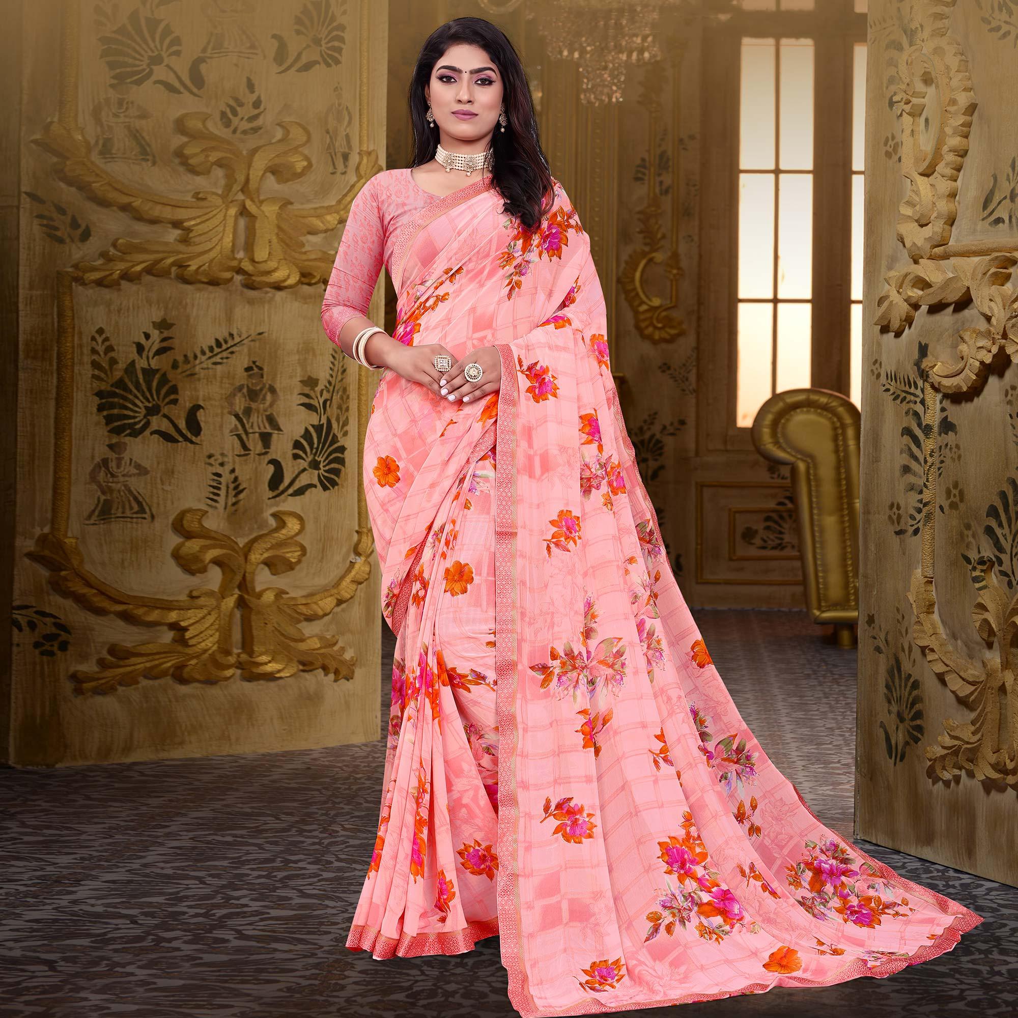 Pink Floral Printed Georgette Saree - Peachmode