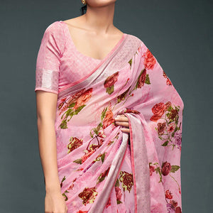 Pink Floral Printed Georgette Saree - Peachmode