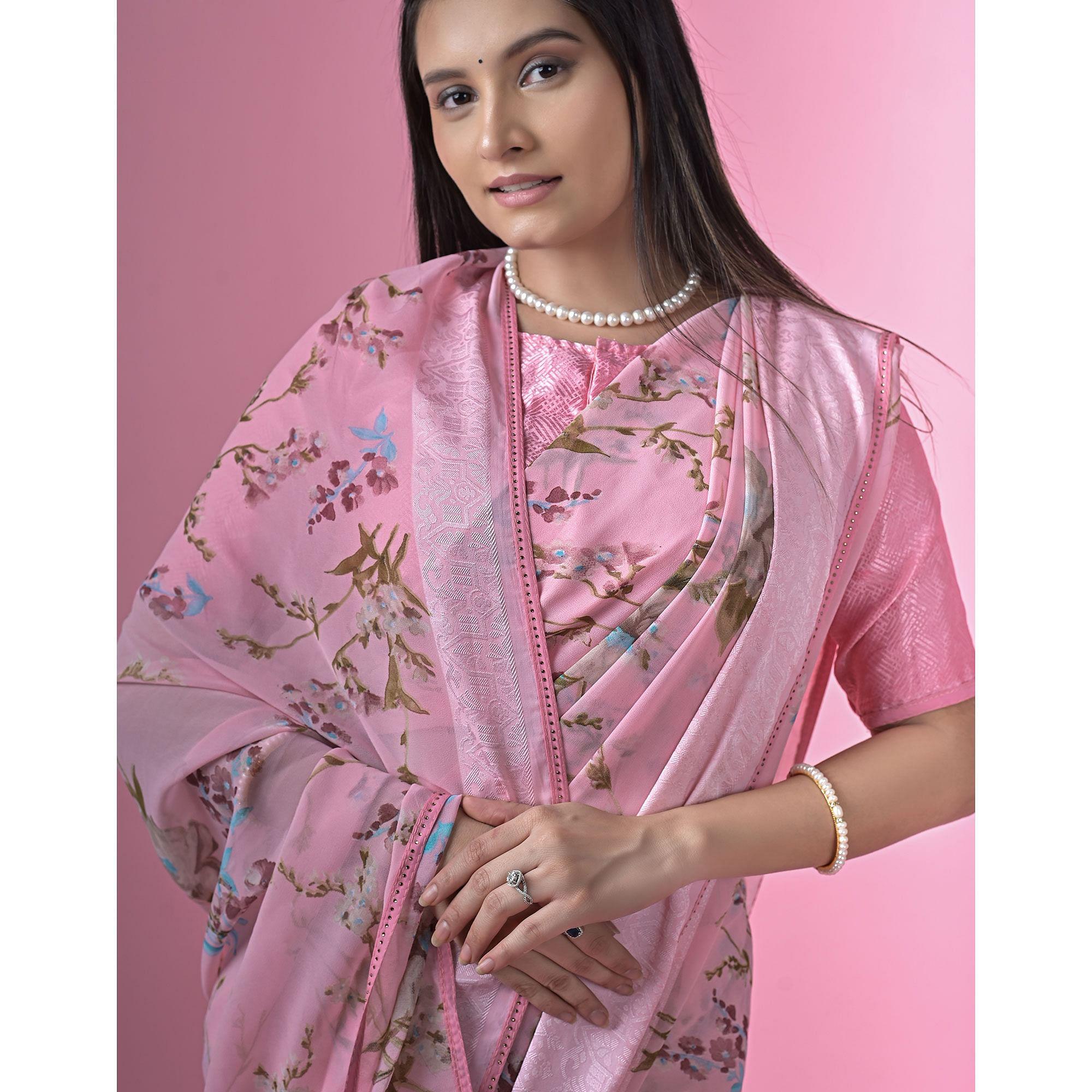 Pink Floral Printed Georgette Saree - Peachmode