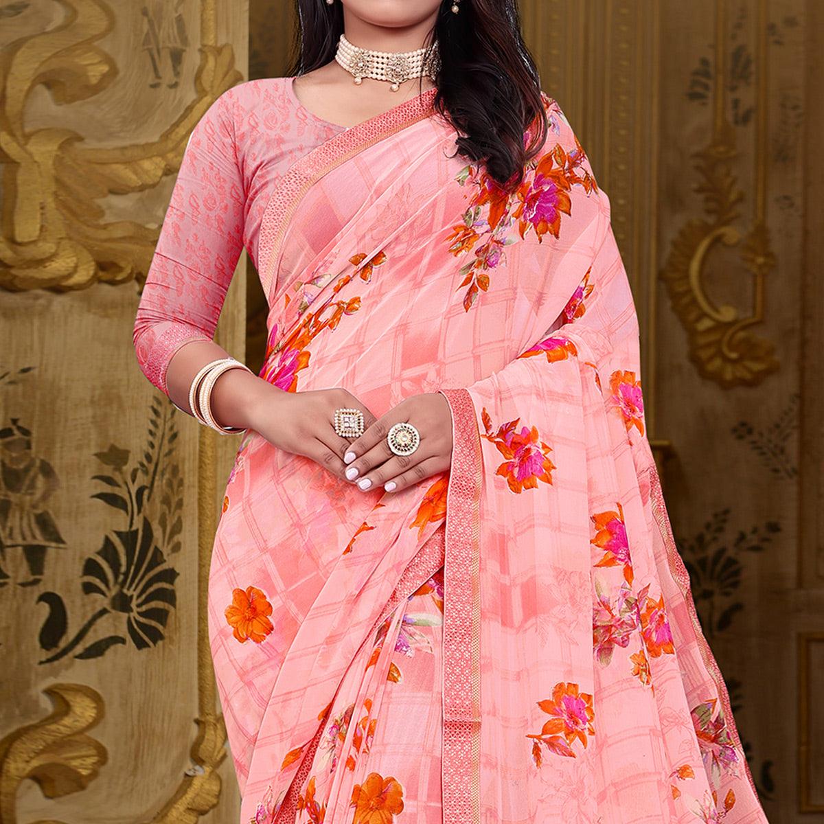 Pink Floral Printed Georgette Saree - Peachmode