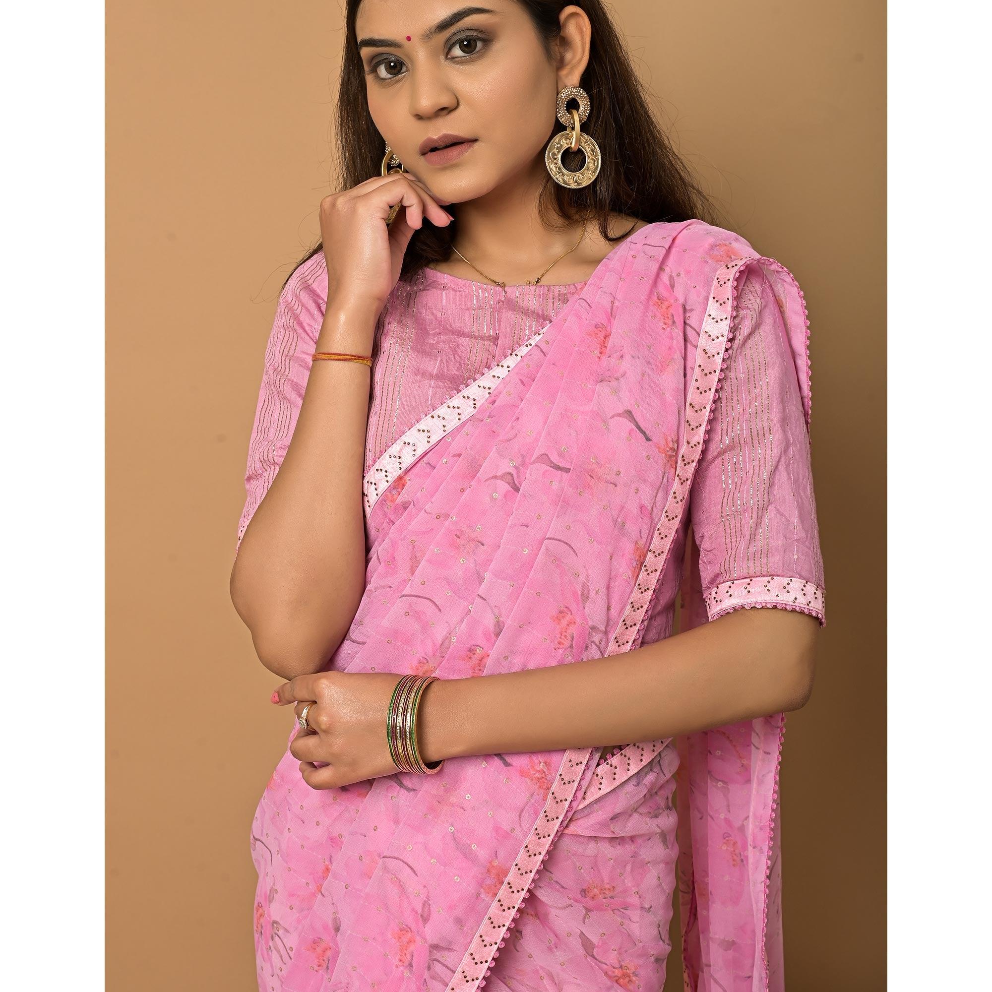 Pink Floral Printed Georgette Saree - Peachmode