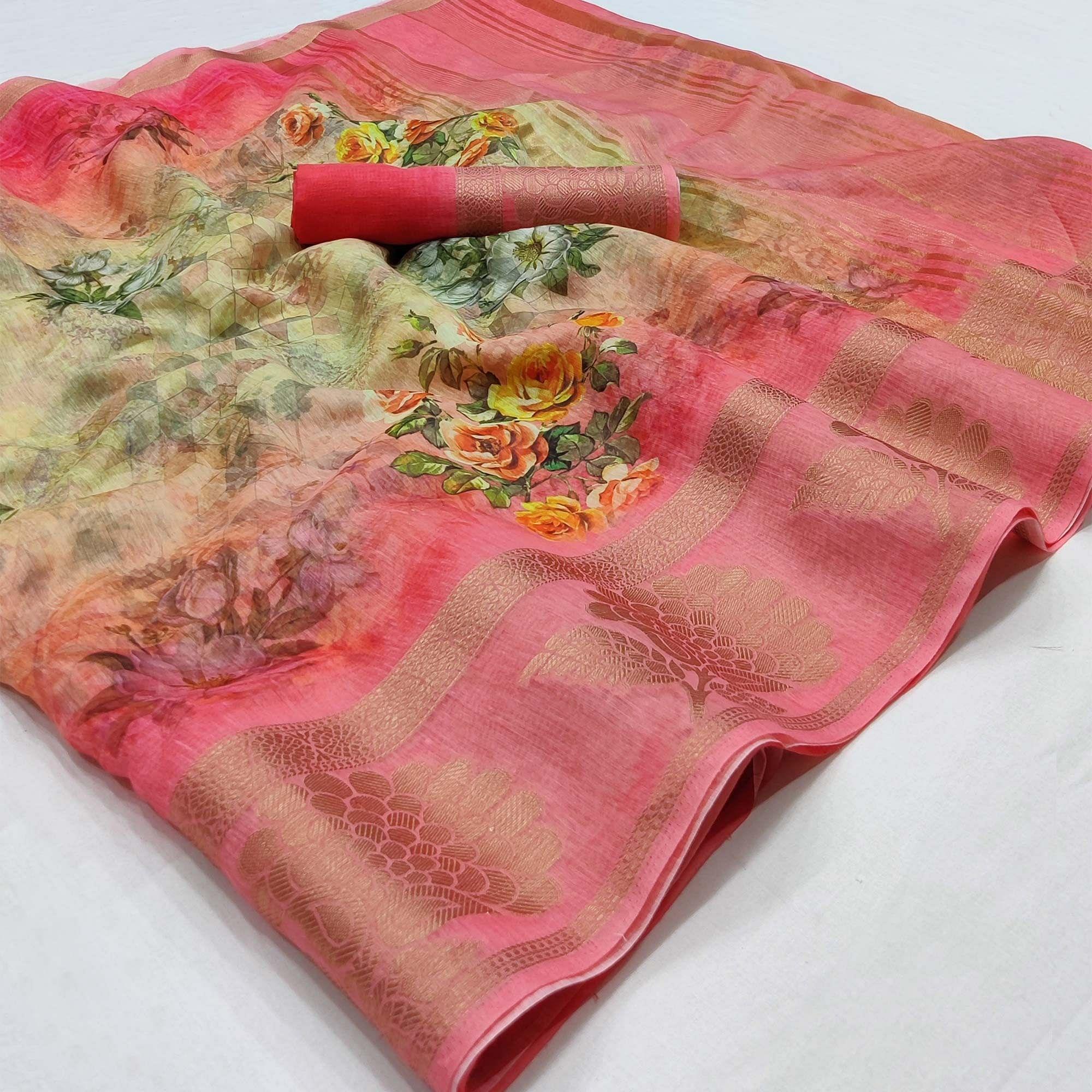 Pink Floral Printed Linen Saree - Peachmode