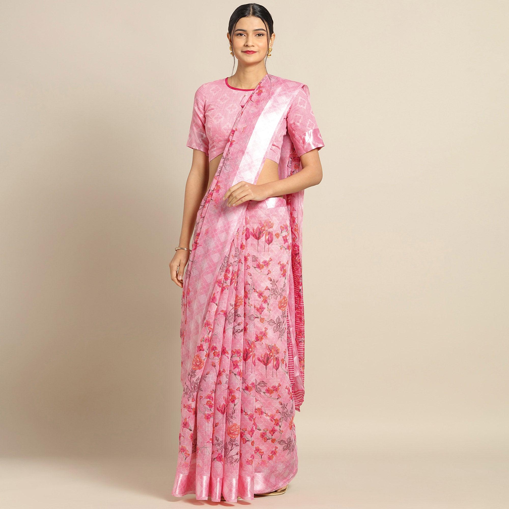 Pink Floral Printed Linen Saree - Peachmode