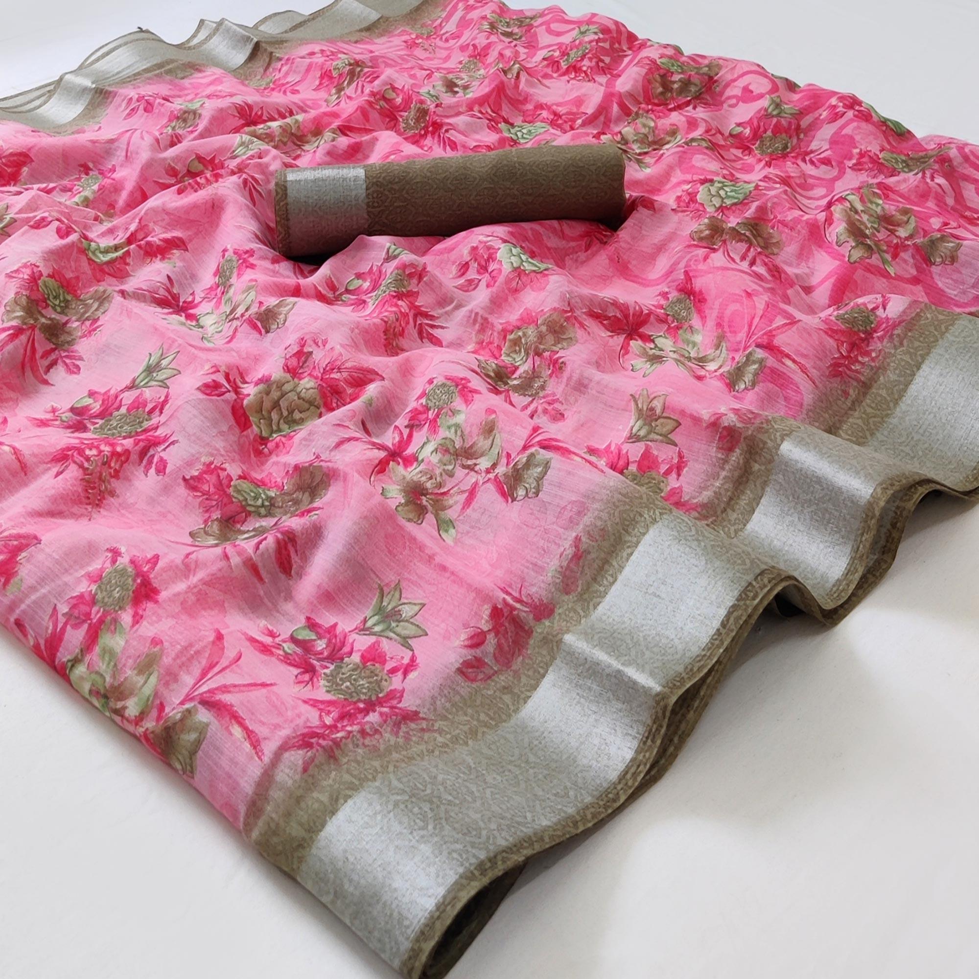 Pink Floral Printed Linen Saree - Peachmode