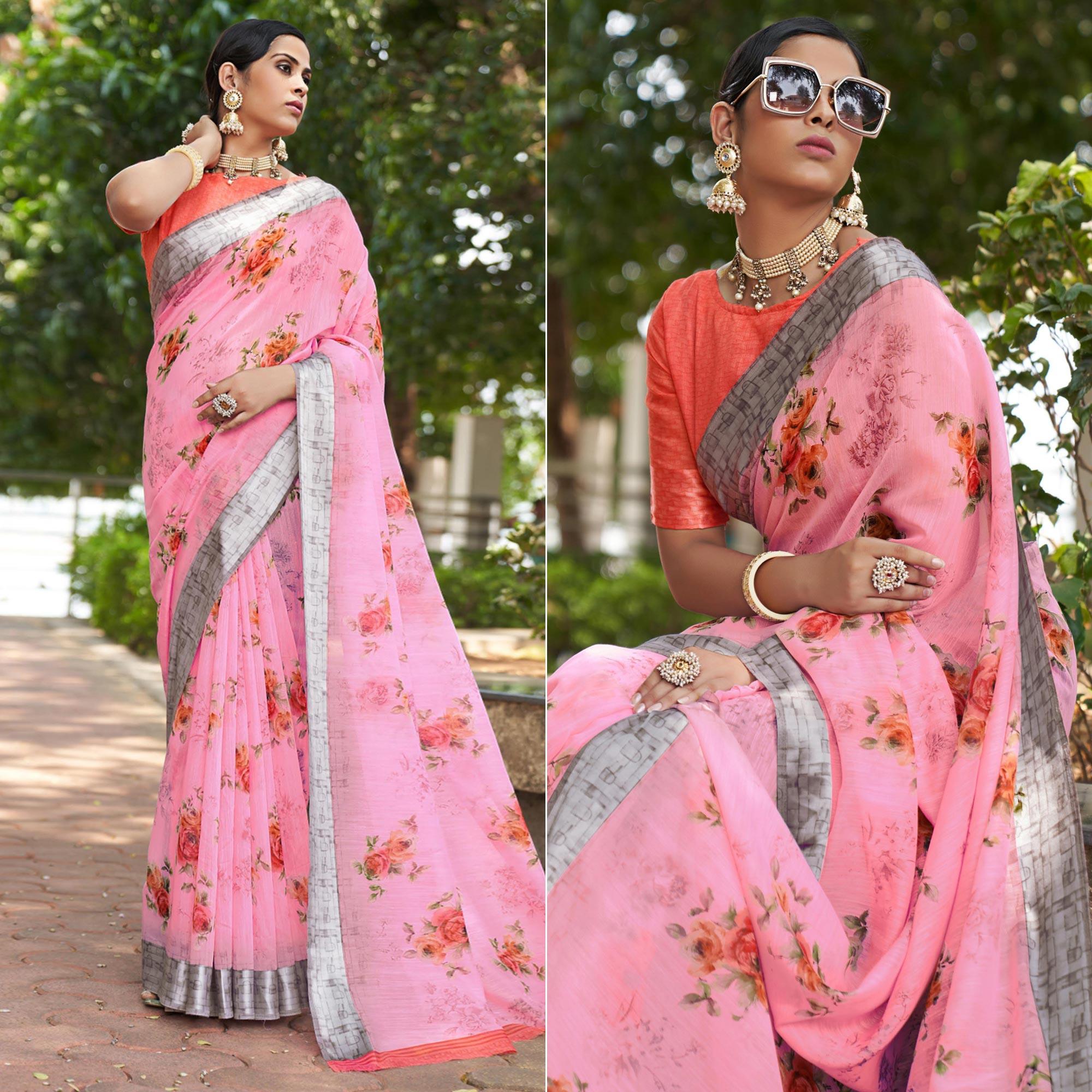 Pink Floral Printed Linen Saree - Peachmode