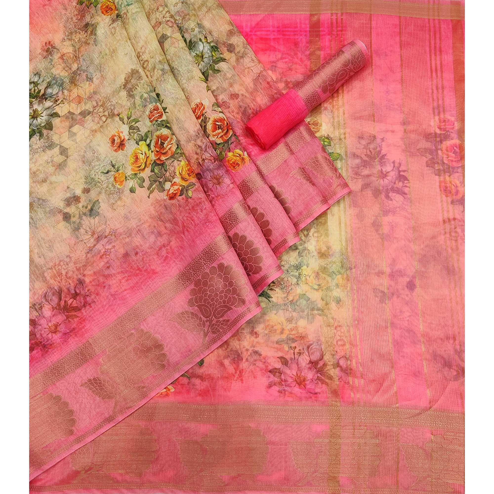 Pink Floral Printed Linen Saree - Peachmode