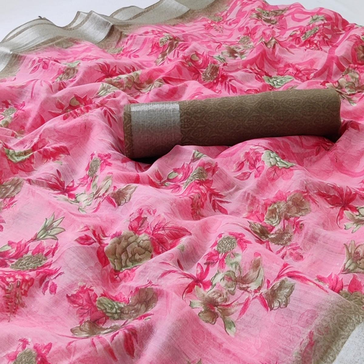 Pink Floral Printed Linen Saree - Peachmode