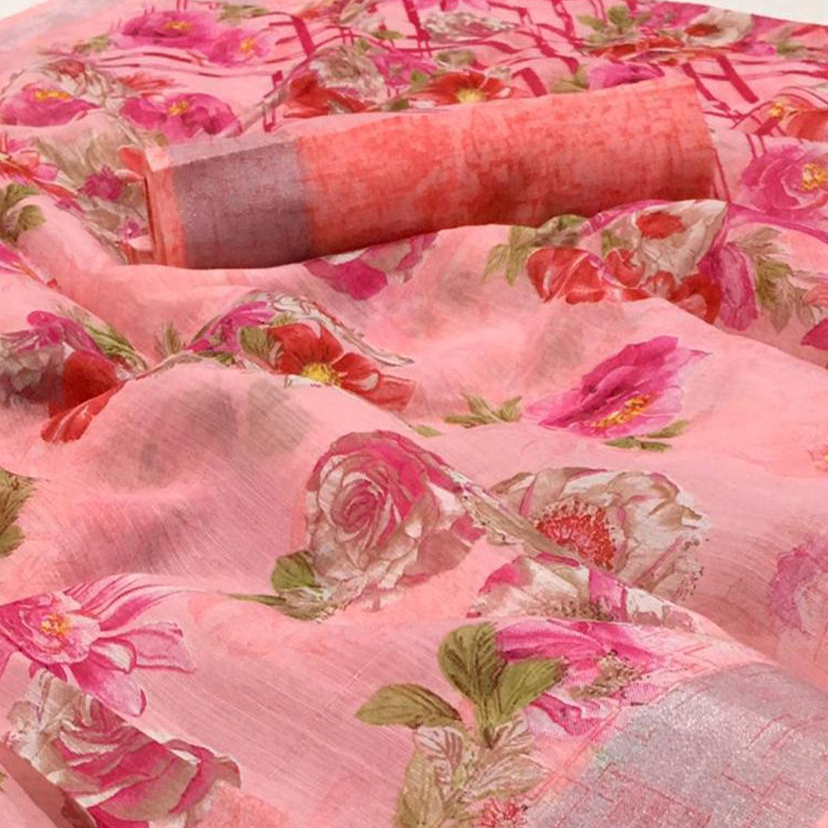 Pink Floral Printed Linen Saree - Peachmode