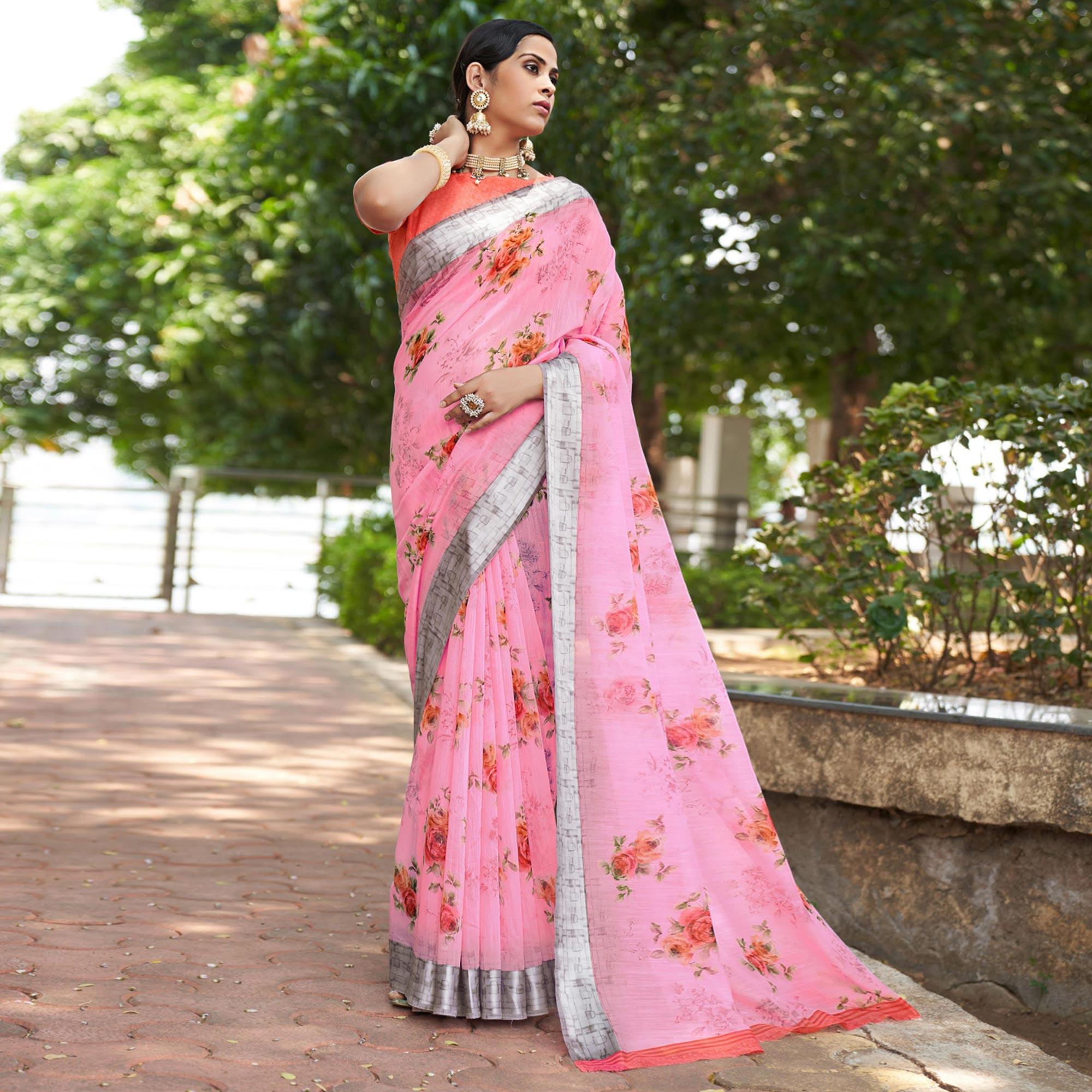 Pink Floral Printed Linen Saree - Peachmode