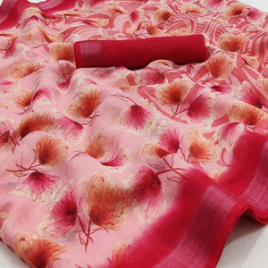 Pink Floral Printed Linen Saree - Peachmode