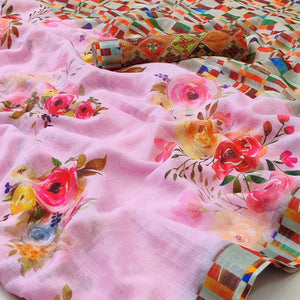 Pink Floral Printed Linen Saree - Peachmode