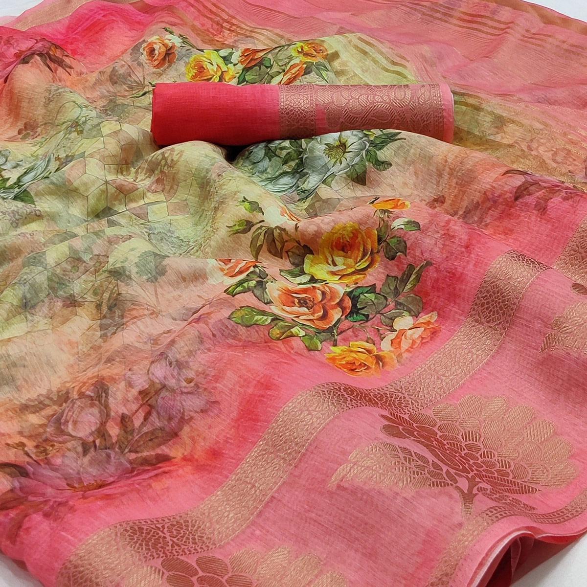 Pink Floral Printed Linen Saree - Peachmode