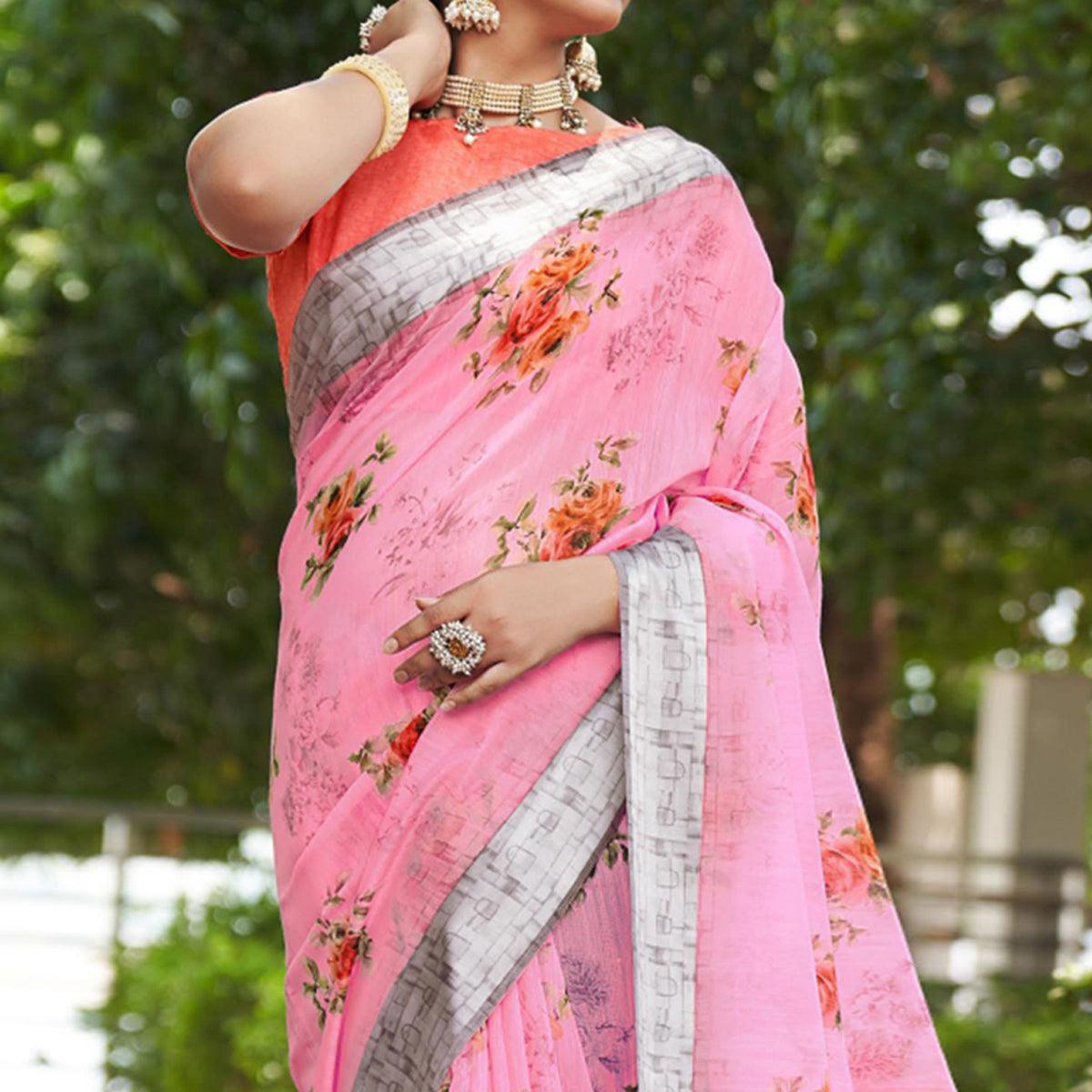 Pink Floral Printed Linen Saree - Peachmode