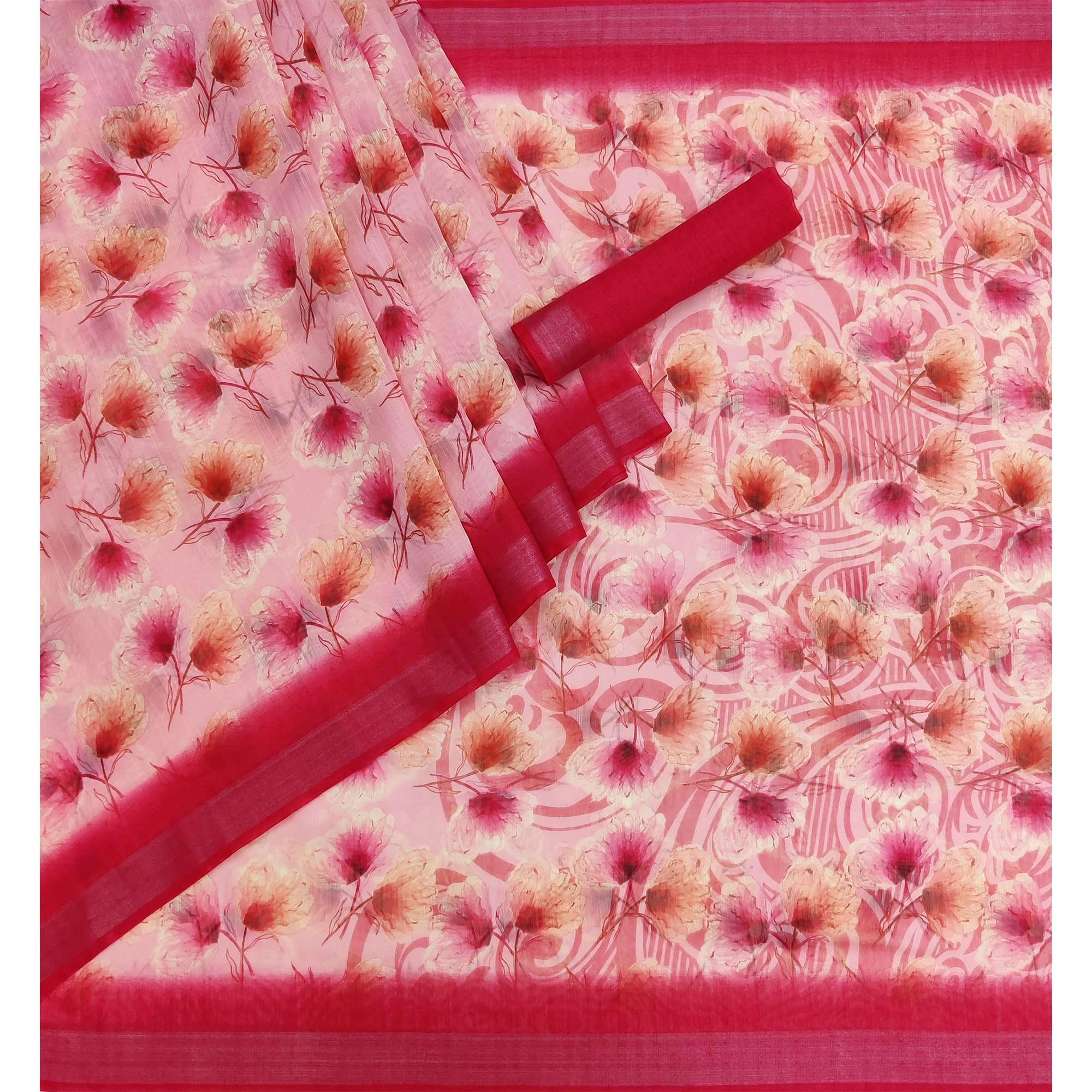 Pink Floral Printed Linen Saree - Peachmode
