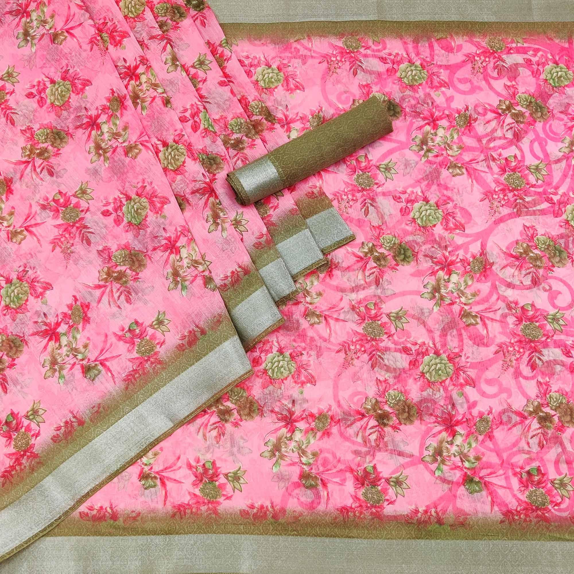 Pink Floral Printed Linen Saree - Peachmode