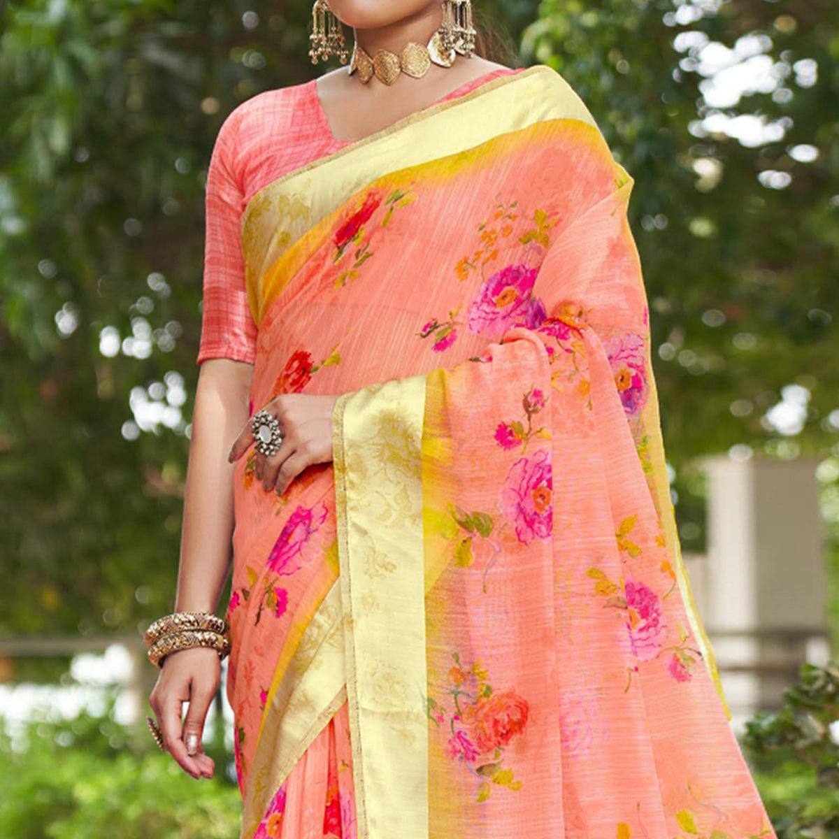 Pink Floral Printed Linen Saree - Peachmode