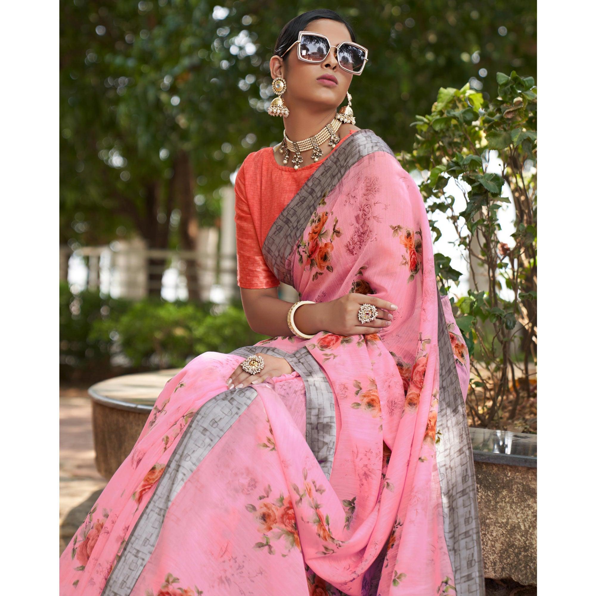 Pink Floral Printed Linen Saree - Peachmode