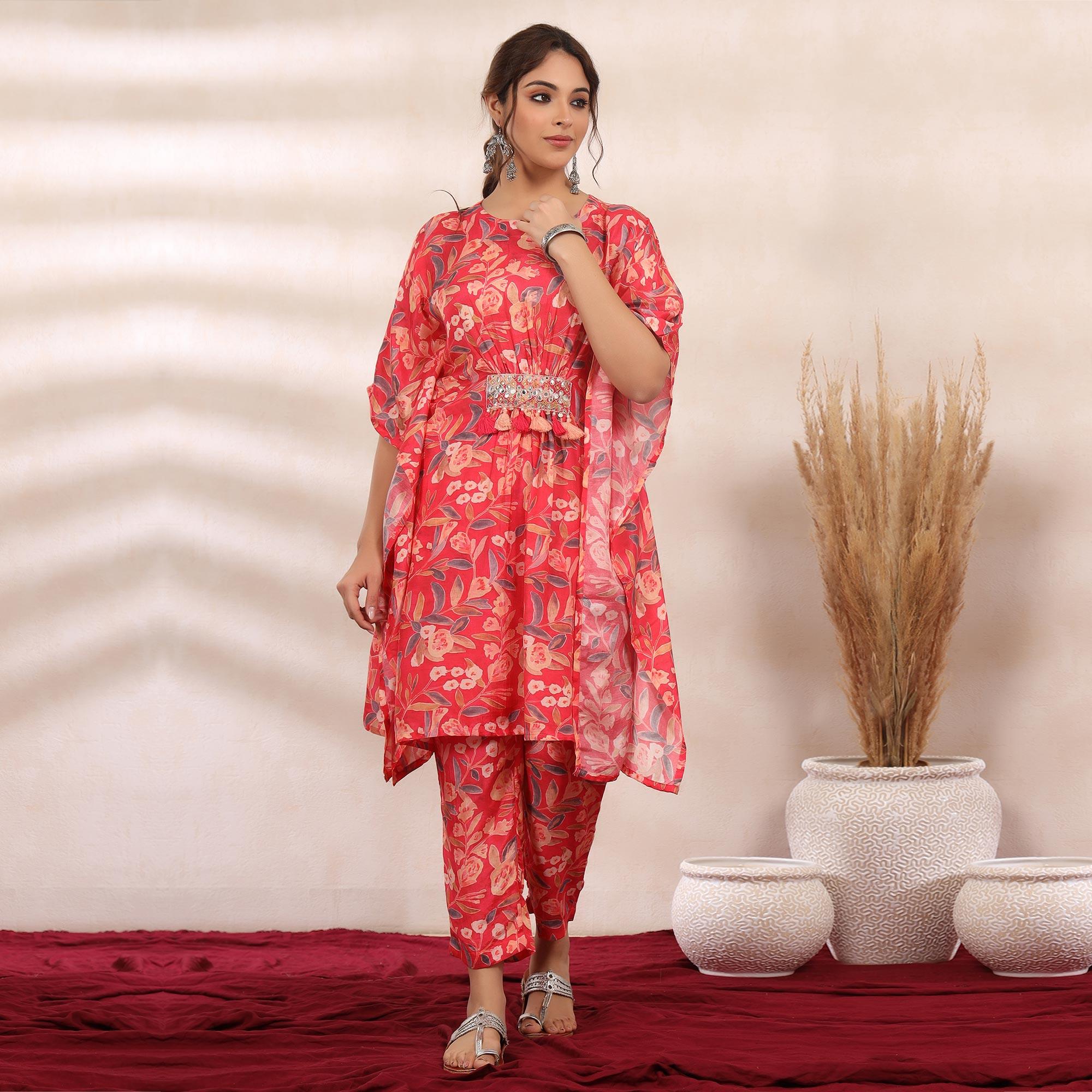 Pink Floral Printed Muslin Kaftan Pant Set - Peachmode