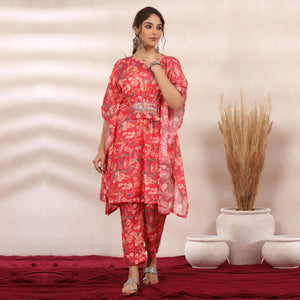 Pink Floral Printed Muslin Kaftan Pant Set - Peachmode