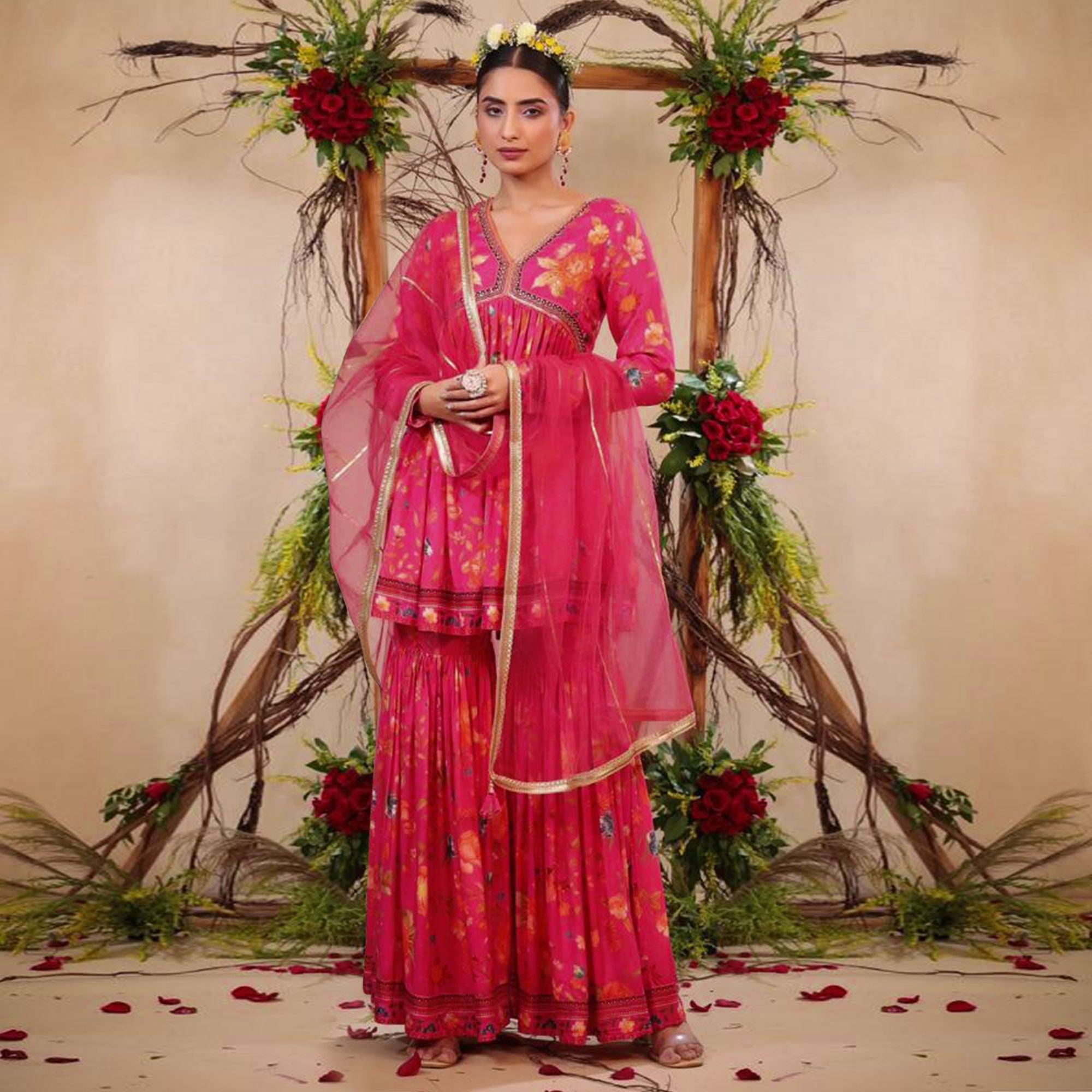Pink Floral Printed Muslin Sharara Suit - Peachmode