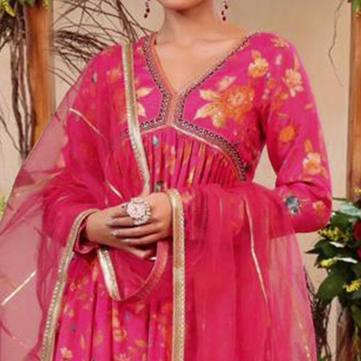 Pink Floral Printed Muslin Sharara Suit - Peachmode