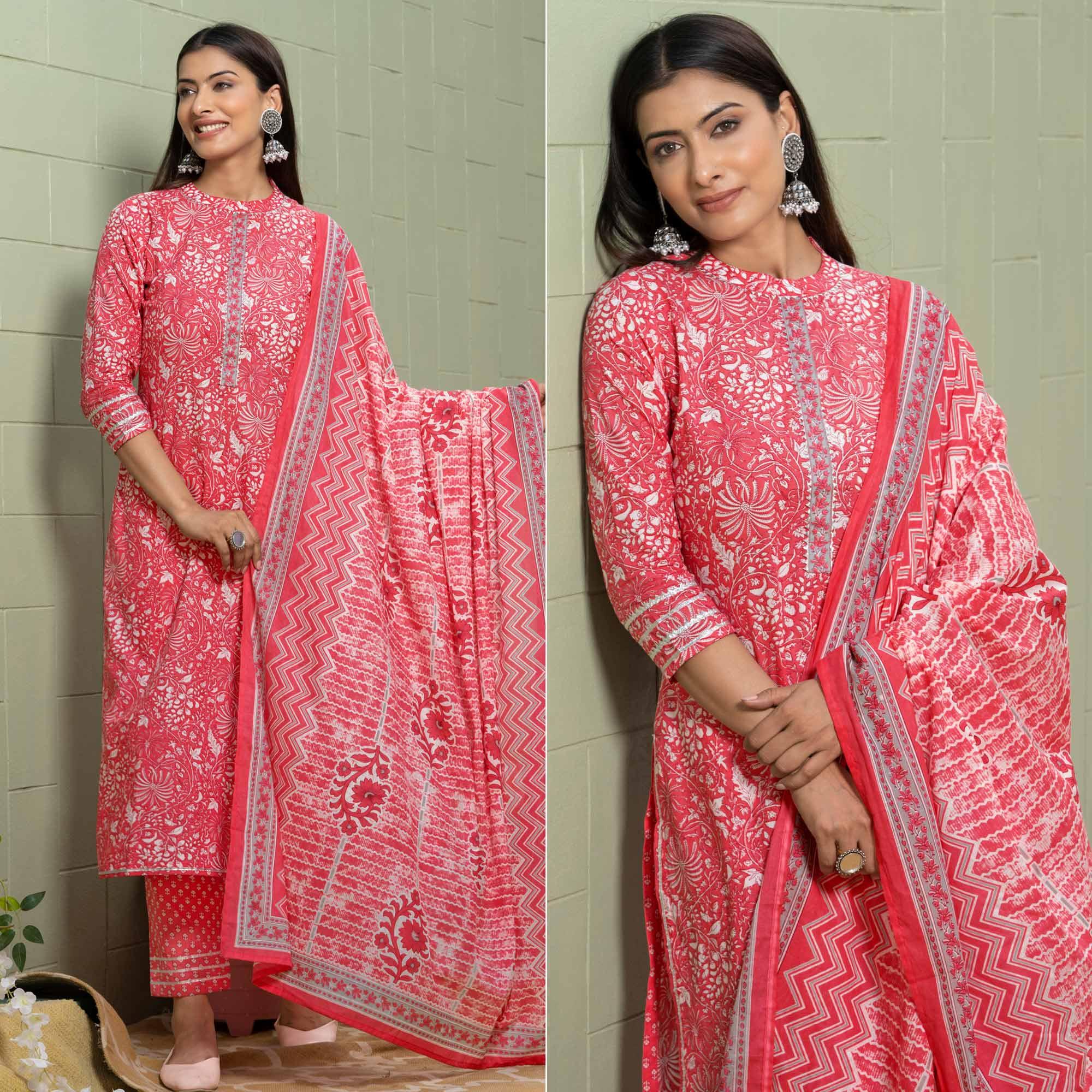 Pink Floral Printed Poly Cotton Kurti Pant Set With Dupatta - Peachmode