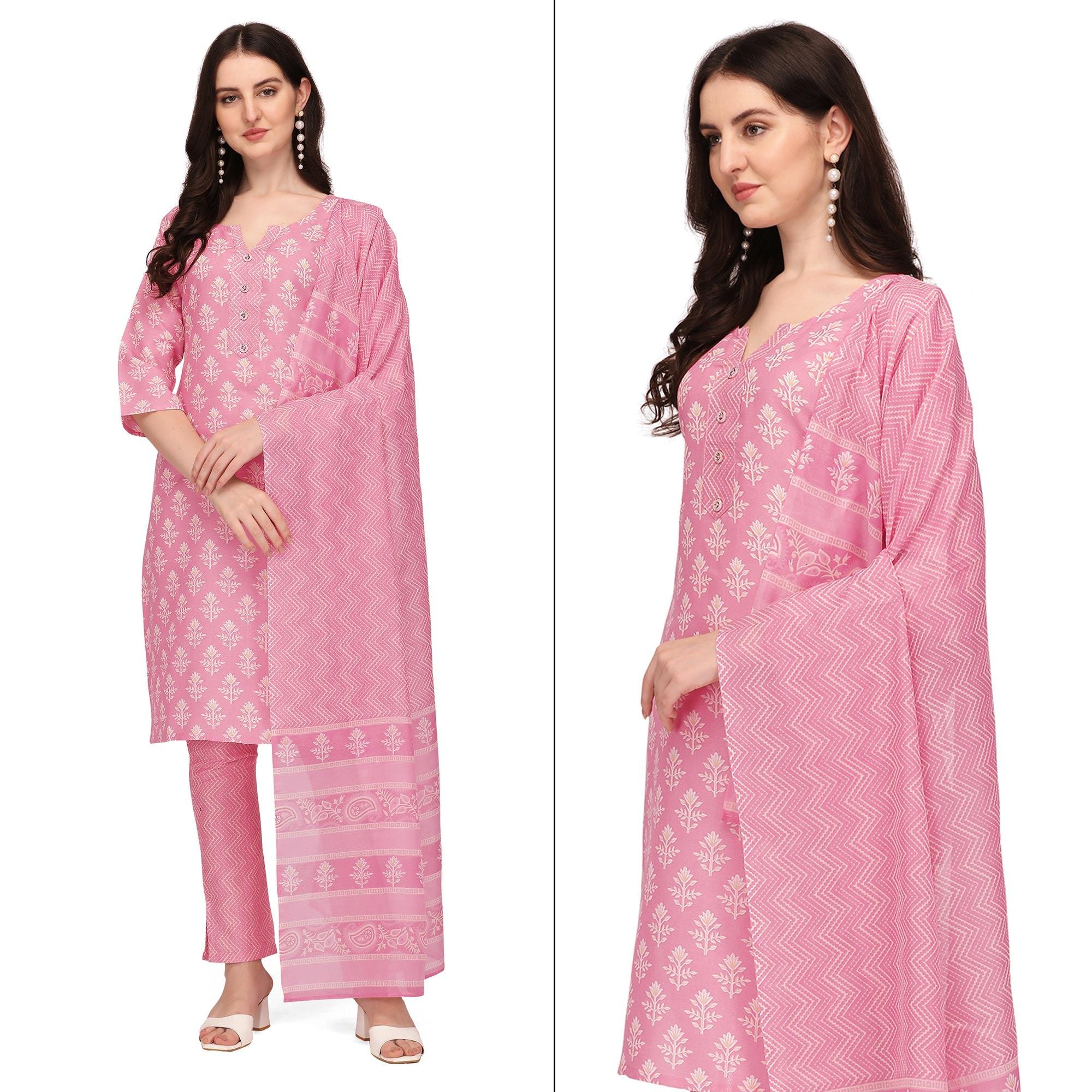 Pink Floral Printed Poly Cotton Kurti Pant Set With Dupatta - Peachmode