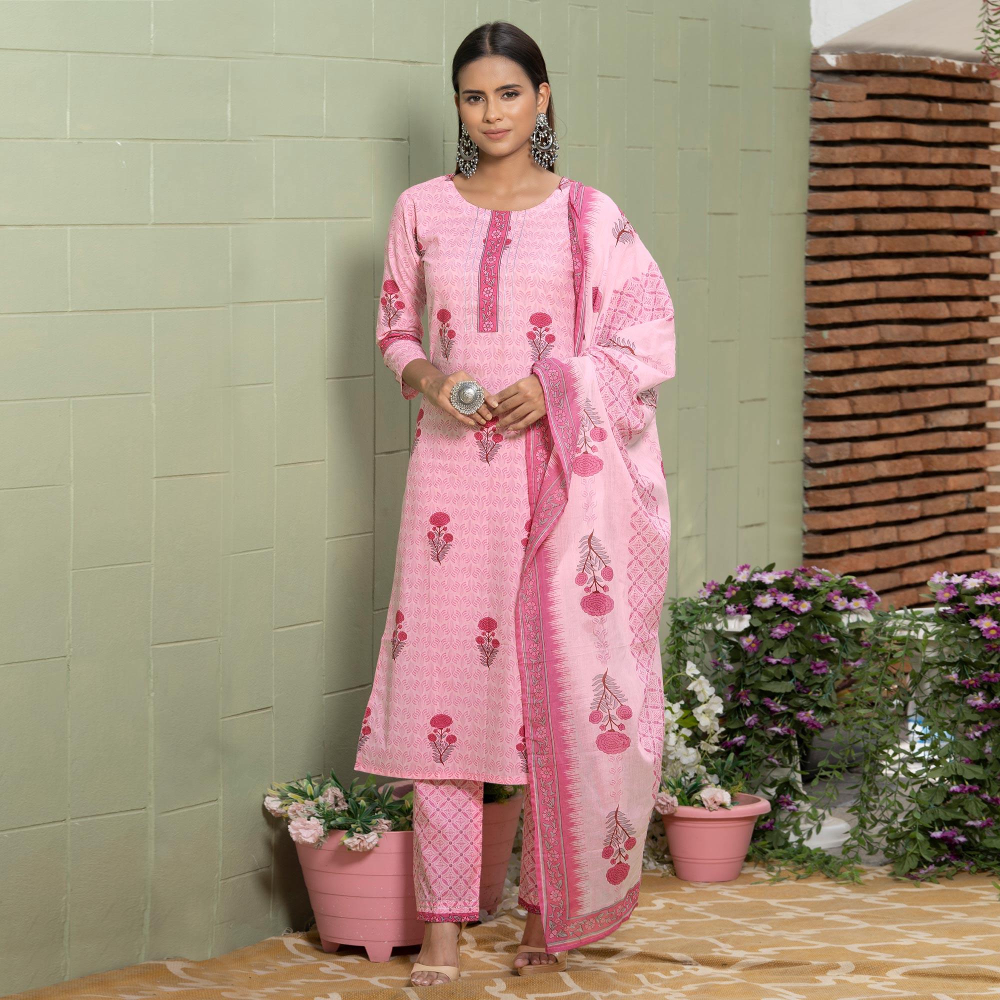 Pink Floral Printed Poly Cotton Kurti Pant Set With Dupatta - Peachmode