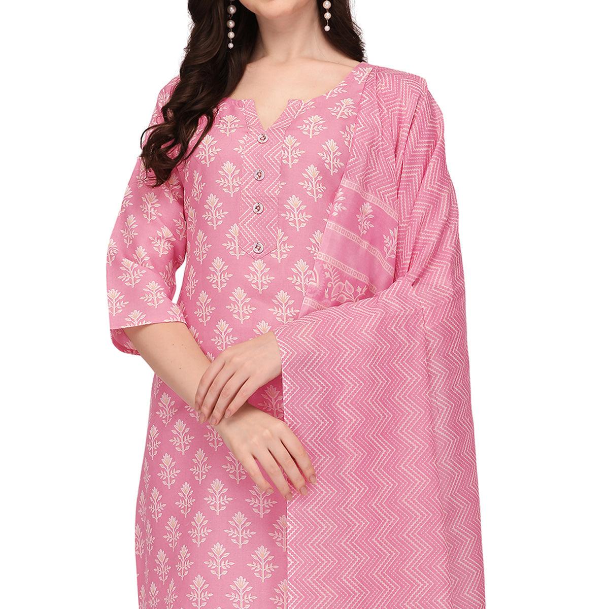 Pink Floral Printed Poly Cotton Kurti Pant Set With Dupatta - Peachmode