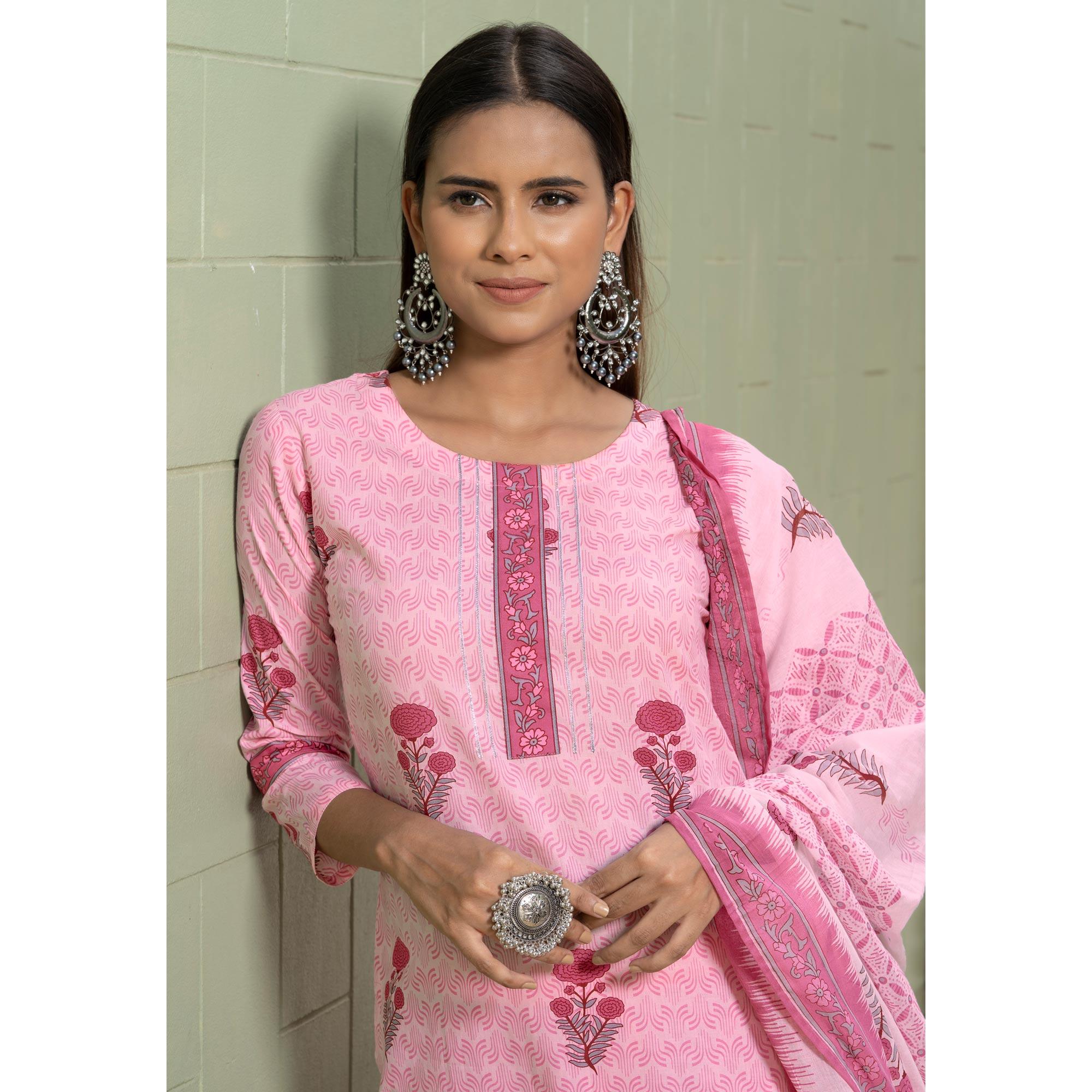 Pink Floral Printed Poly Cotton Kurti Pant Set With Dupatta - Peachmode