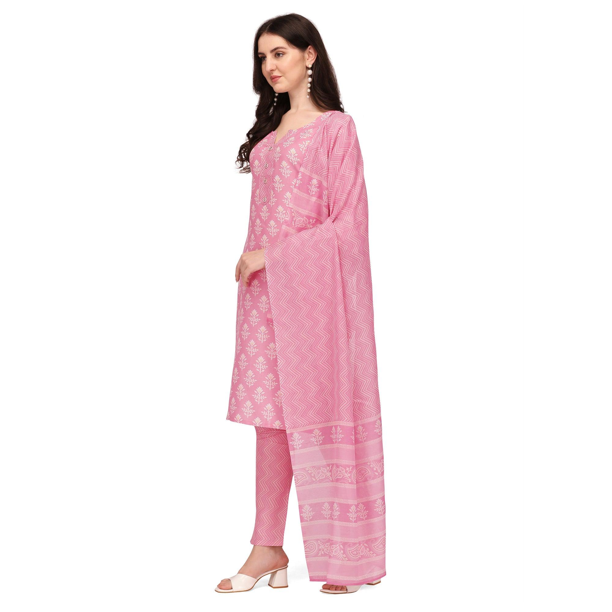 Pink Floral Printed Poly Cotton Kurti Pant Set With Dupatta - Peachmode