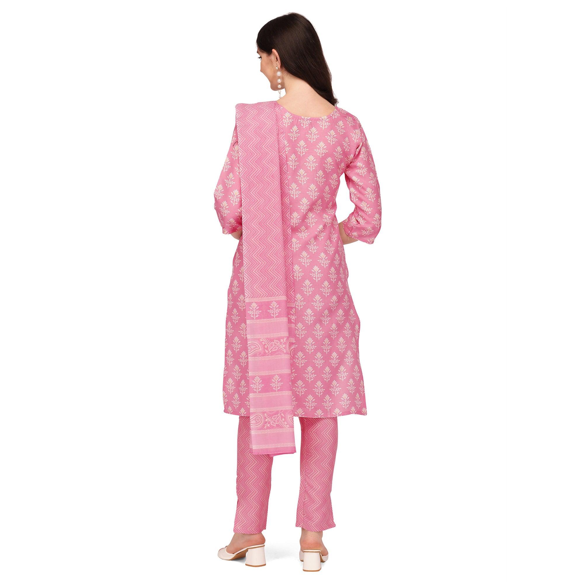 Pink Floral Printed Poly Cotton Kurti Pant Set With Dupatta - Peachmode