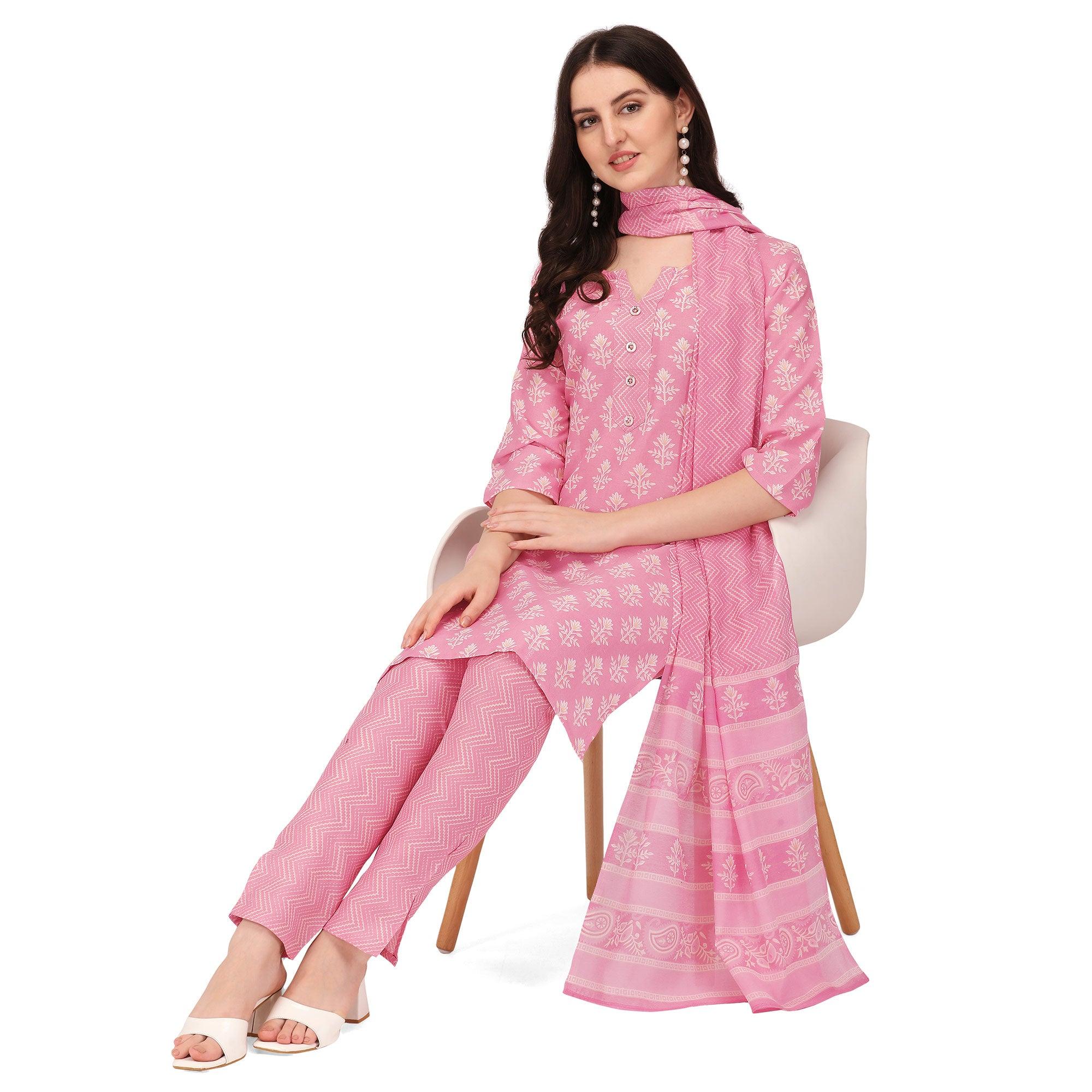 Pink Floral Printed Poly Cotton Kurti Pant Set With Dupatta - Peachmode