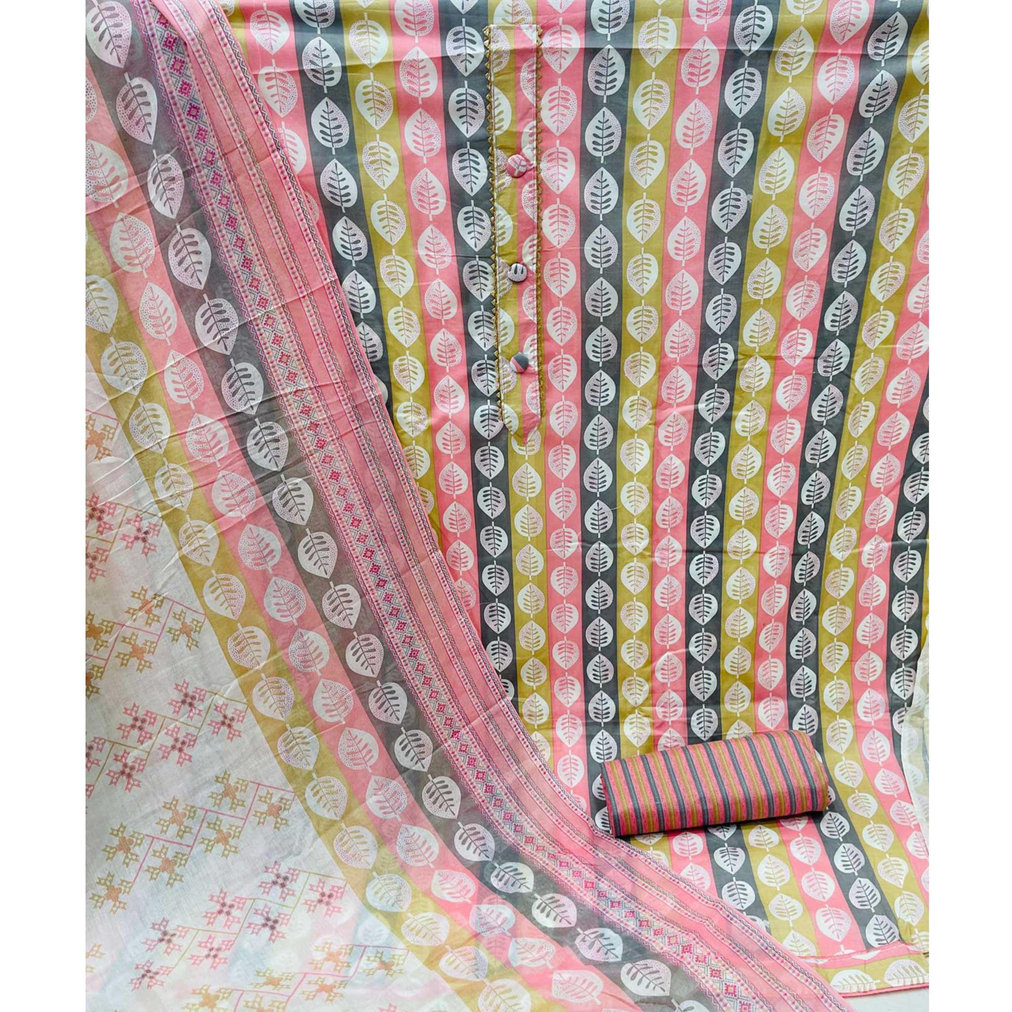 Pink Floral Printed Pure Cotton Dress Material - Peachmode