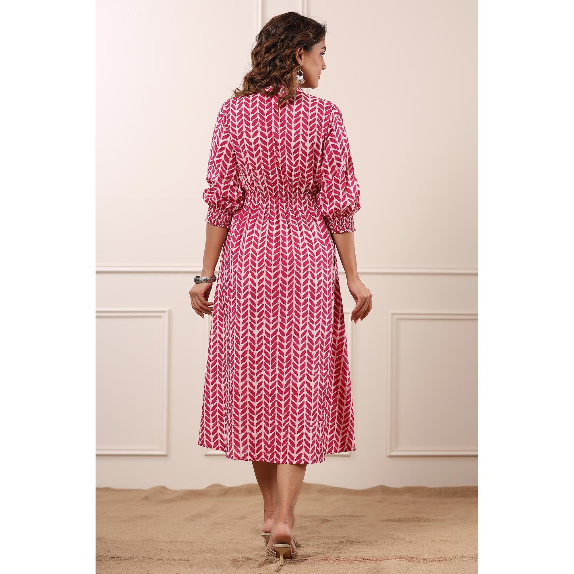 Pink Floral Printed Pure Cotton Dress - Peachmode