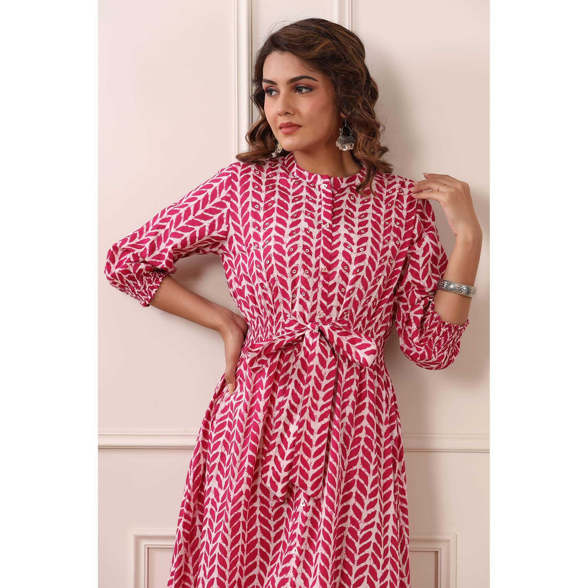 Pink Floral Printed Pure Cotton Dress - Peachmode