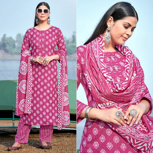 Pink Floral Printed Pure Cotton Kurti Pant Set With Dupatta - Peachmode