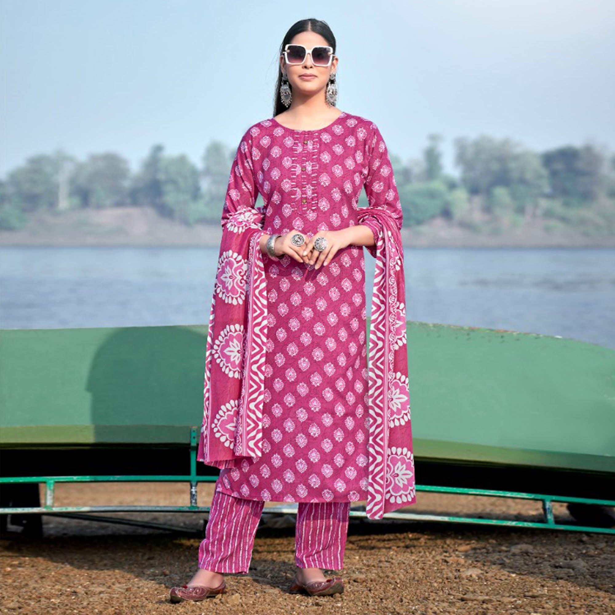 Pink Floral Printed Pure Cotton Kurti Pant Set With Dupatta - Peachmode