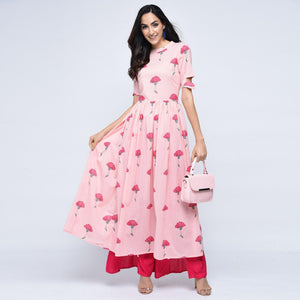Pink Floral Printed Pure Cotton Kurti - Peachmode