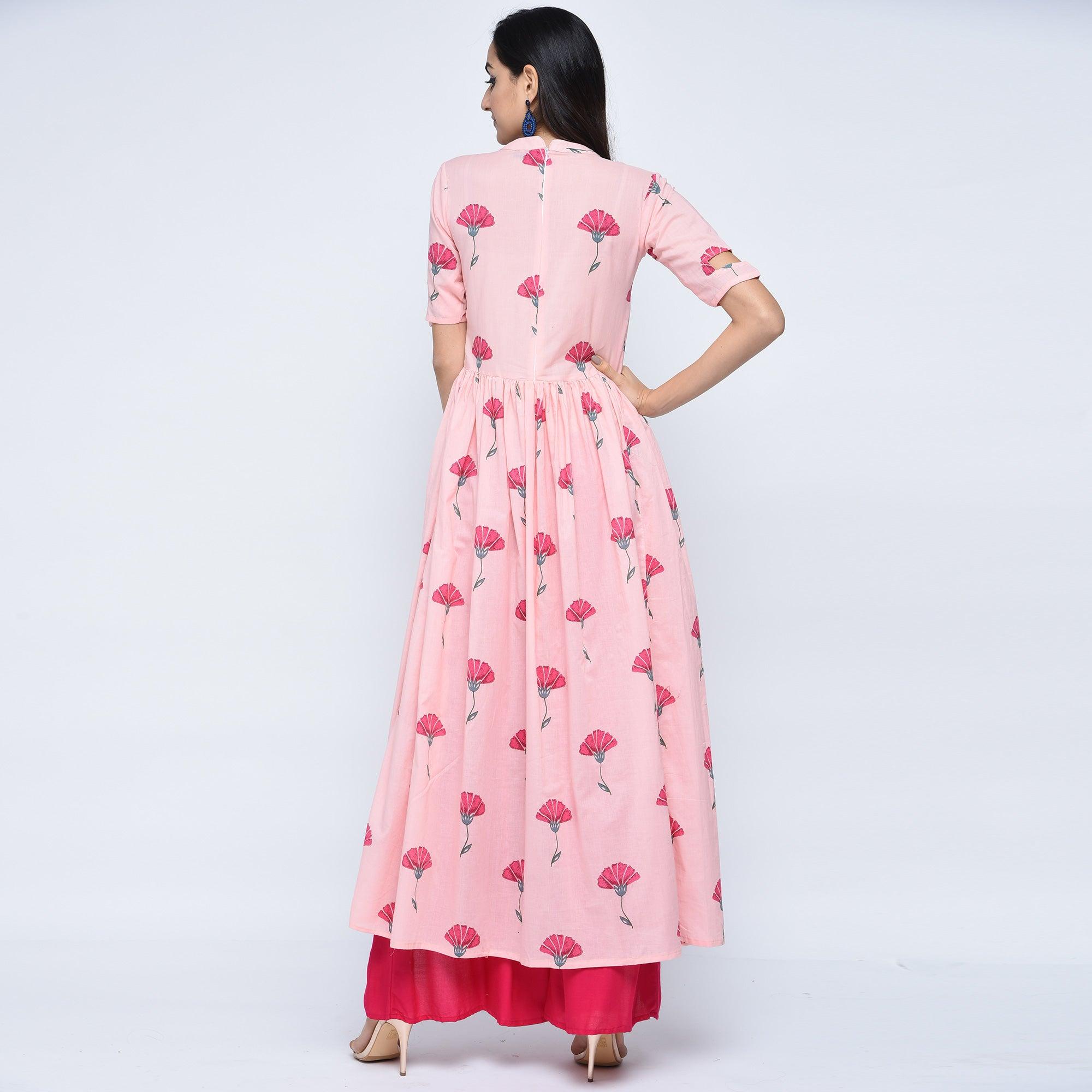 Pink Floral Printed Pure Cotton Kurti - Peachmode