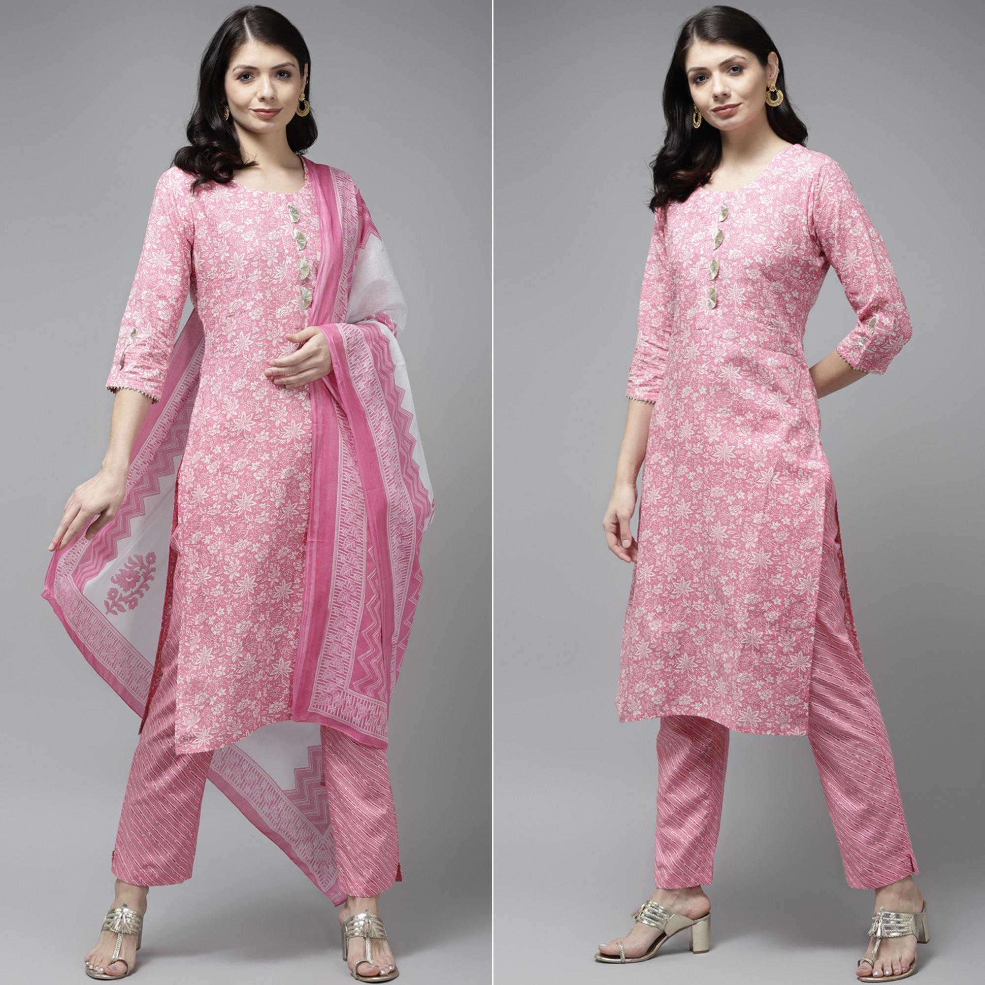 Pink Floral Printed Pure Cotton Salwar Suit - Peachmode