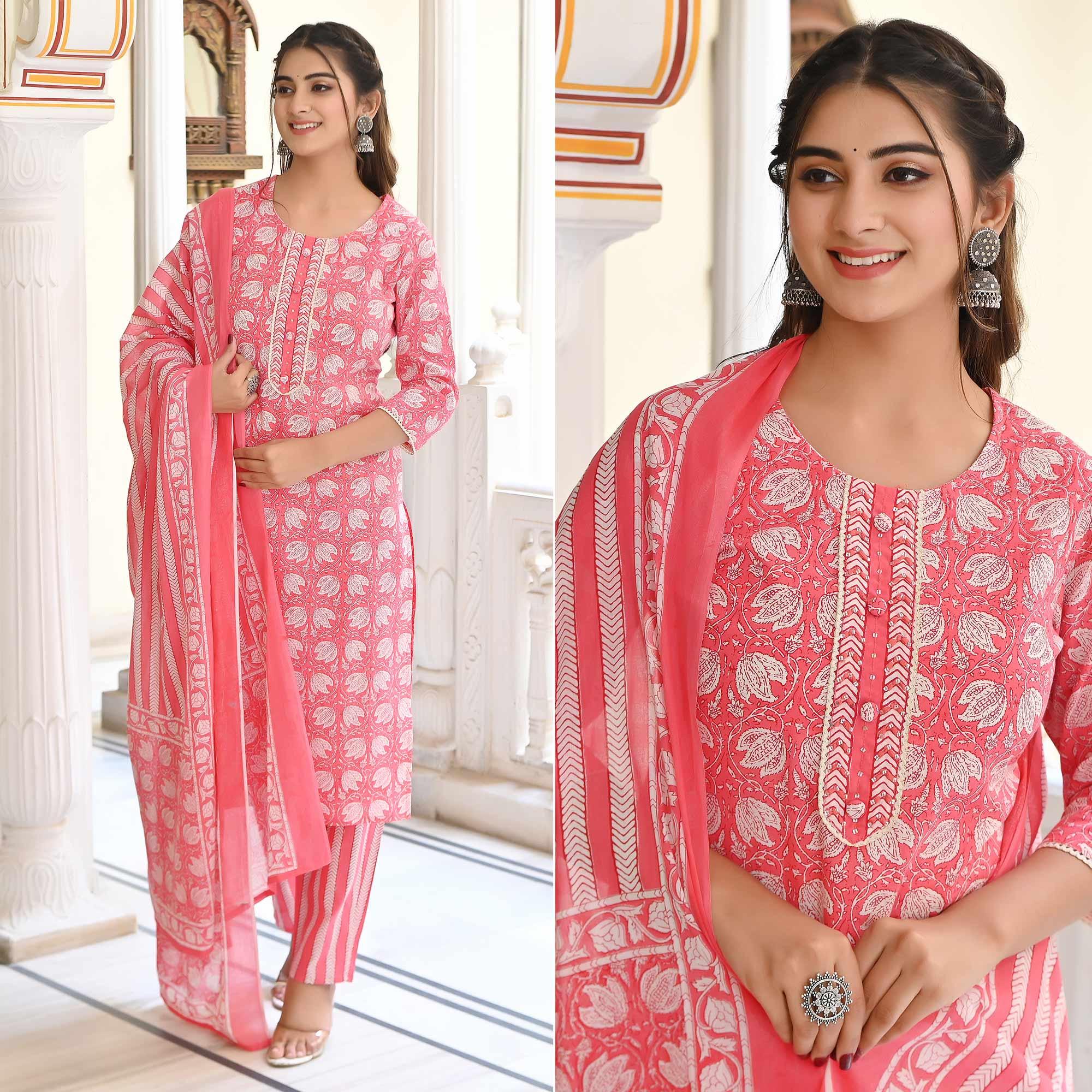 Pink Floral Printed Pure Cotton Salwar Suit - Peachmode