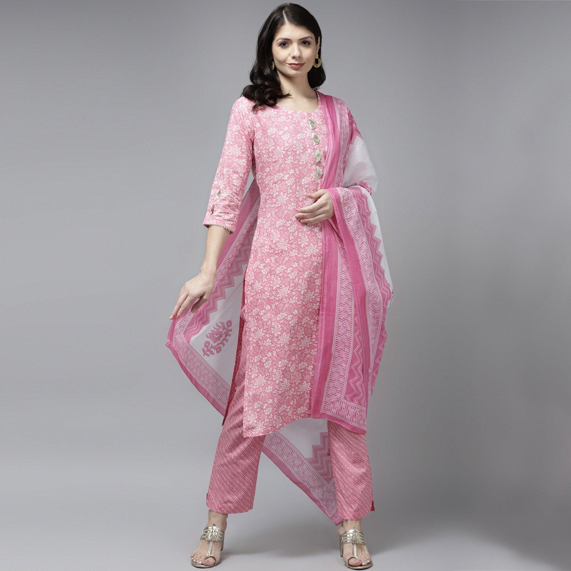 Pink Floral Printed Pure Cotton Salwar Suit - Peachmode