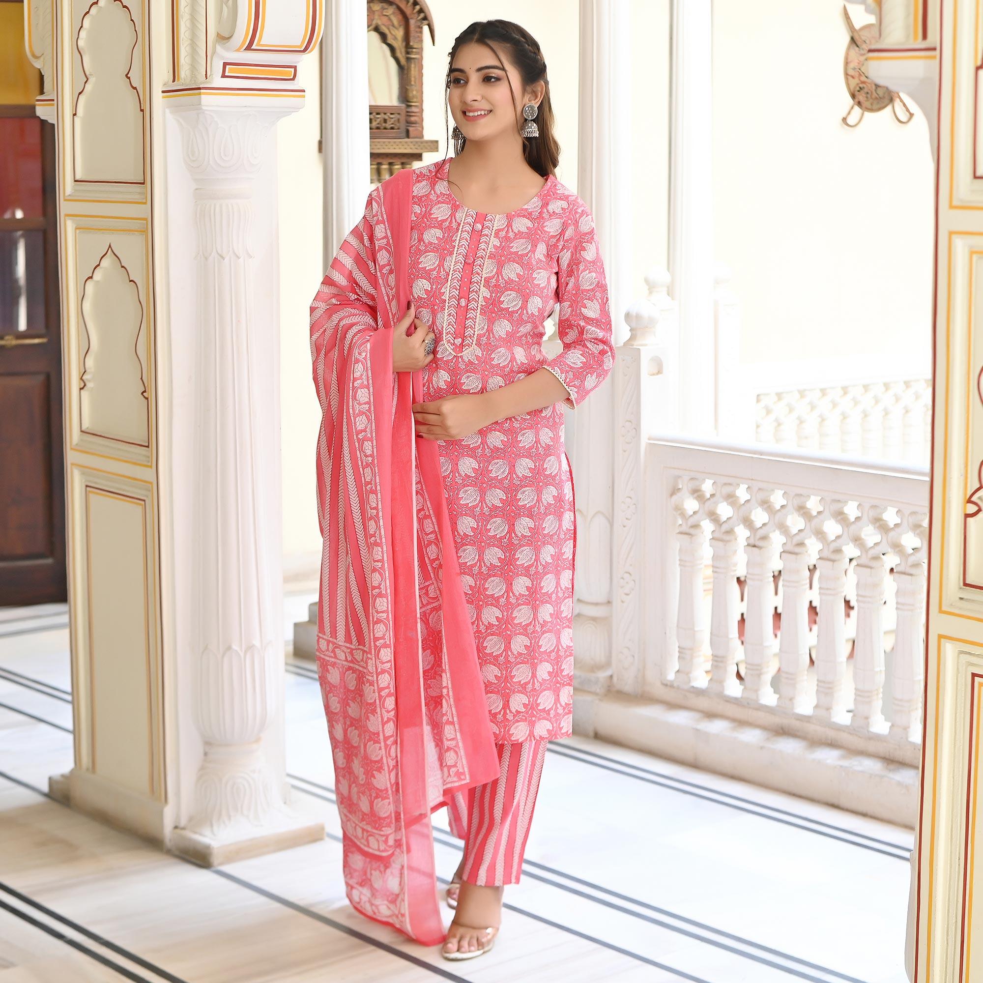 Pink Floral Printed Pure Cotton Salwar Suit - Peachmode