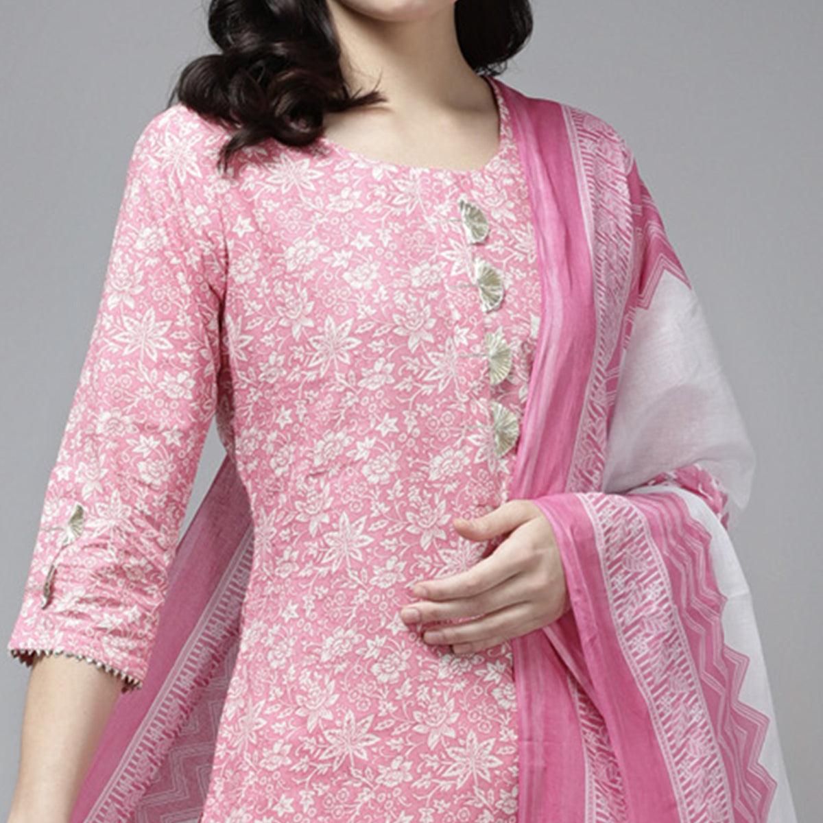 Pink Floral Printed Pure Cotton Salwar Suit - Peachmode